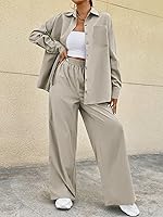Vista 6 de OYOANGLE Blusa de 2 piezas con botones para mujer, manga larga y pantalones de pierna ancha con bolsillo