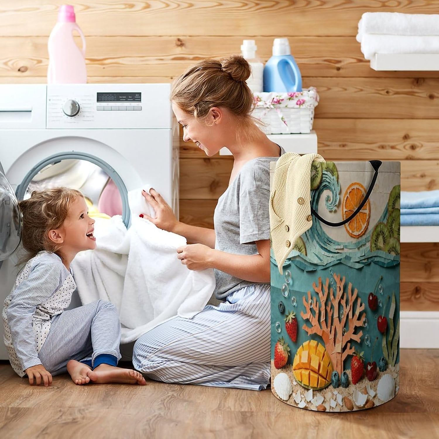 Ocean Fruit Collage Laundry Hamper Fashion Dirty Laundry Hamper Portable Laundry Hampers with Handles Lightweight Large Clothes Storage Basket for Bedroom Bathroom