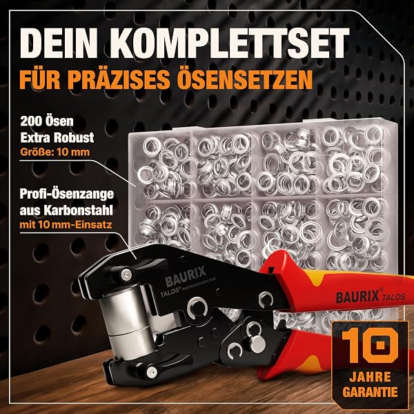 BAURIX® Ösenzange für Planen inkl 200 rostfreie Ösen (Ø 10mm) für PVC, Stoff, Leder – Ohne Vorstanzen – Hält Ösen magnetisch – Karbonstahl-Werkzeug – ideal für Schneider, Heimwerker & Bastler – TALOS - 3