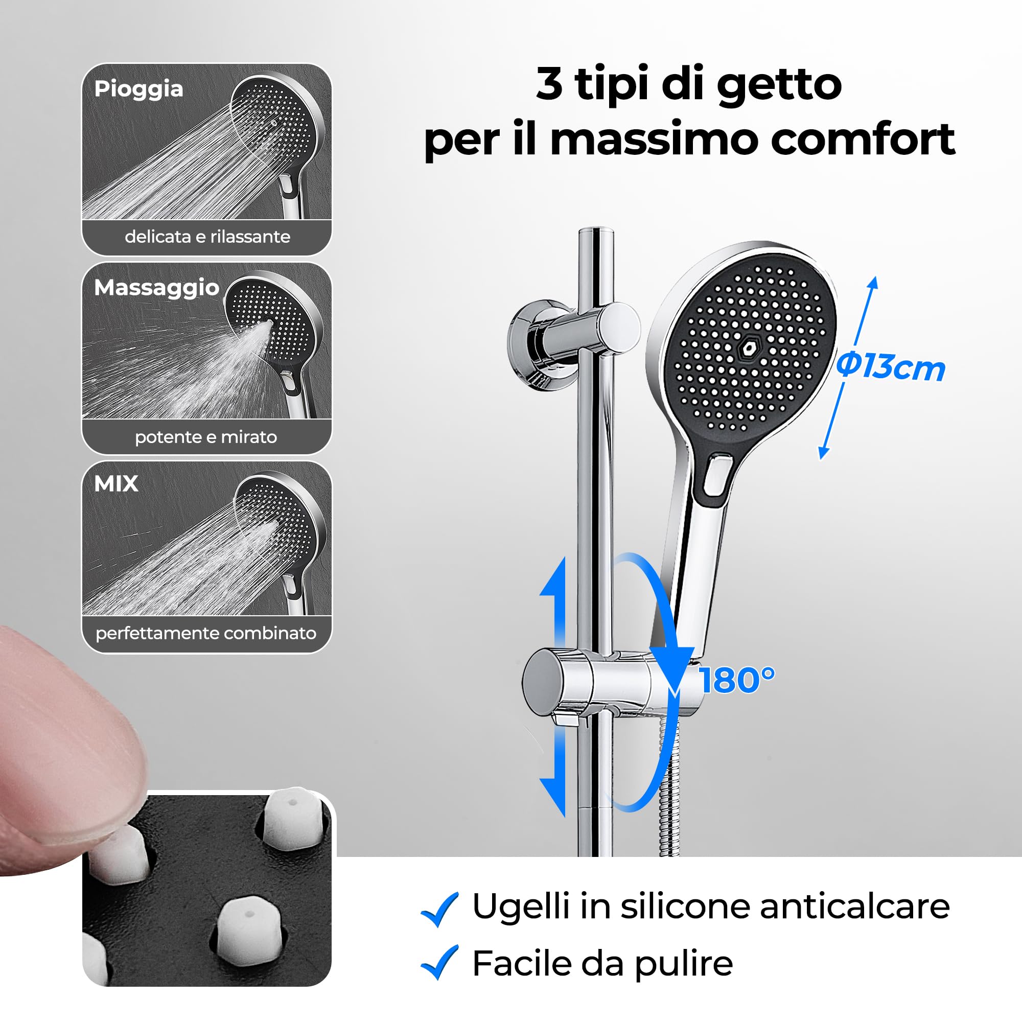 JOHO Colonna Doccia Senza Miscelatore, Asta Doccia Acciaio Inox 70 cm con Supporto Soffione Regolabile, Saliscendi Doccia Adattarsi ai Fori Esistenti con Doccetta 3 Geti e Mensola, Cromo