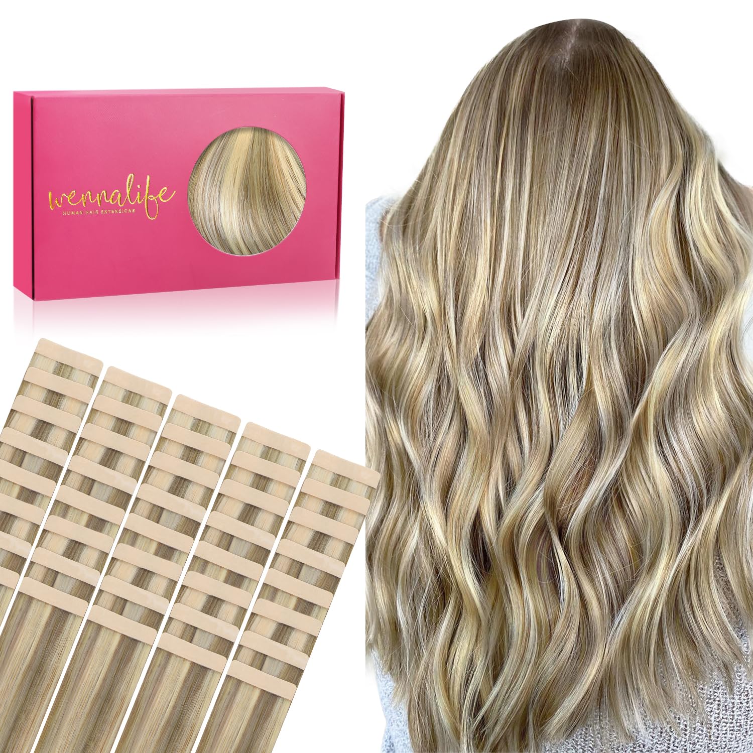 WENNALIFE Tape in Hair Extensions Human Hair, 40pcs 100g 20 inch Ash Brown with Platinum Blonde Highlights Hair Extensions Real Human Hair Straight