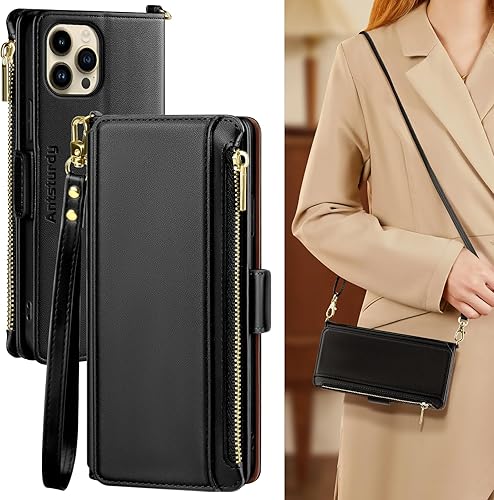 Antsturdy Funda tipo cartera compatible con iPhone 12 para mujer, bloqueo RFID, funda cruzada de piel sintética con cremallera y correa para la Negro