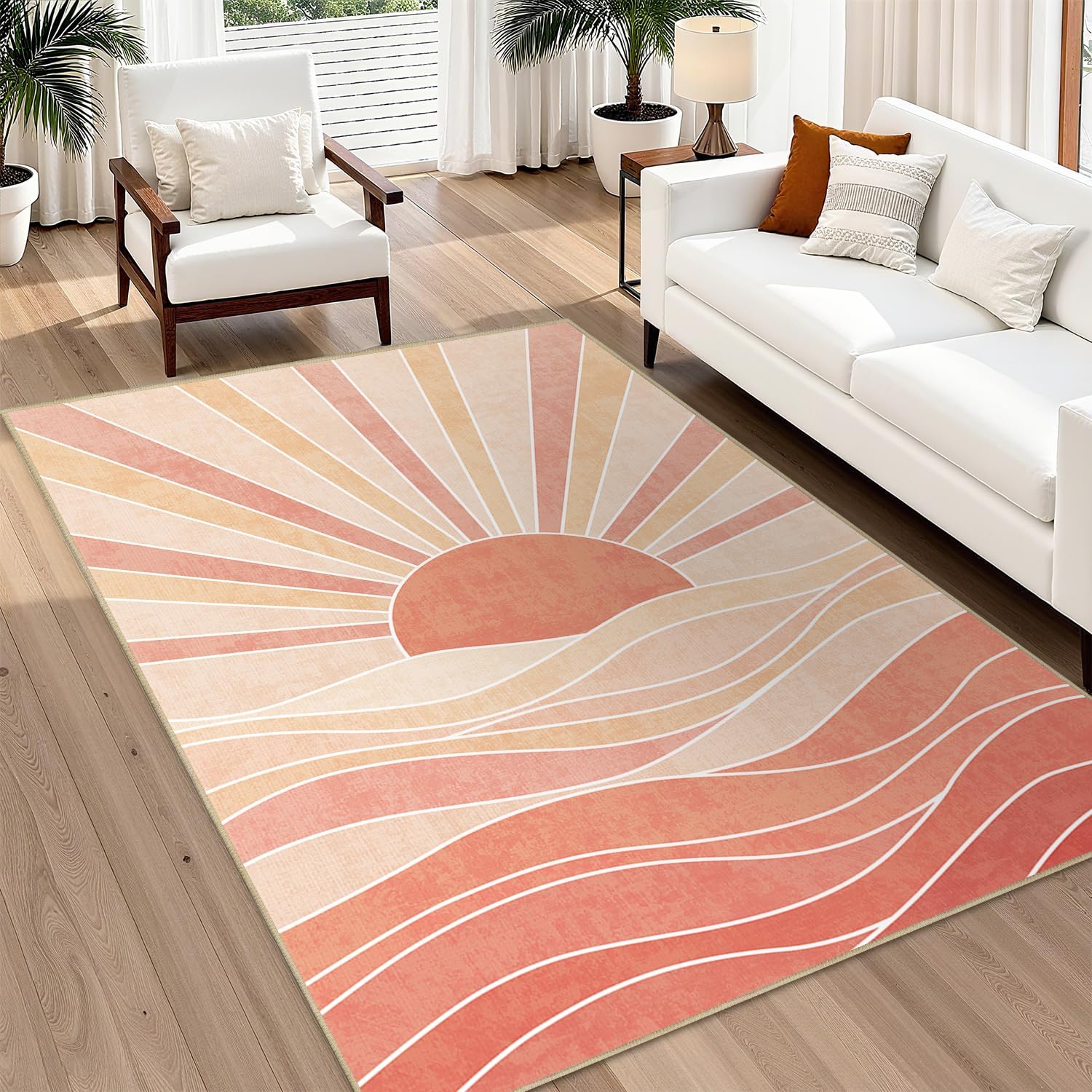 Sun 5x7 Rug for Living Room, Boho Mid Century Modern Rugs Bohemian Celestial Machine Washable Non-Slip Printed Low-Pile Floor Carpet for Bedroom Dining Room Office