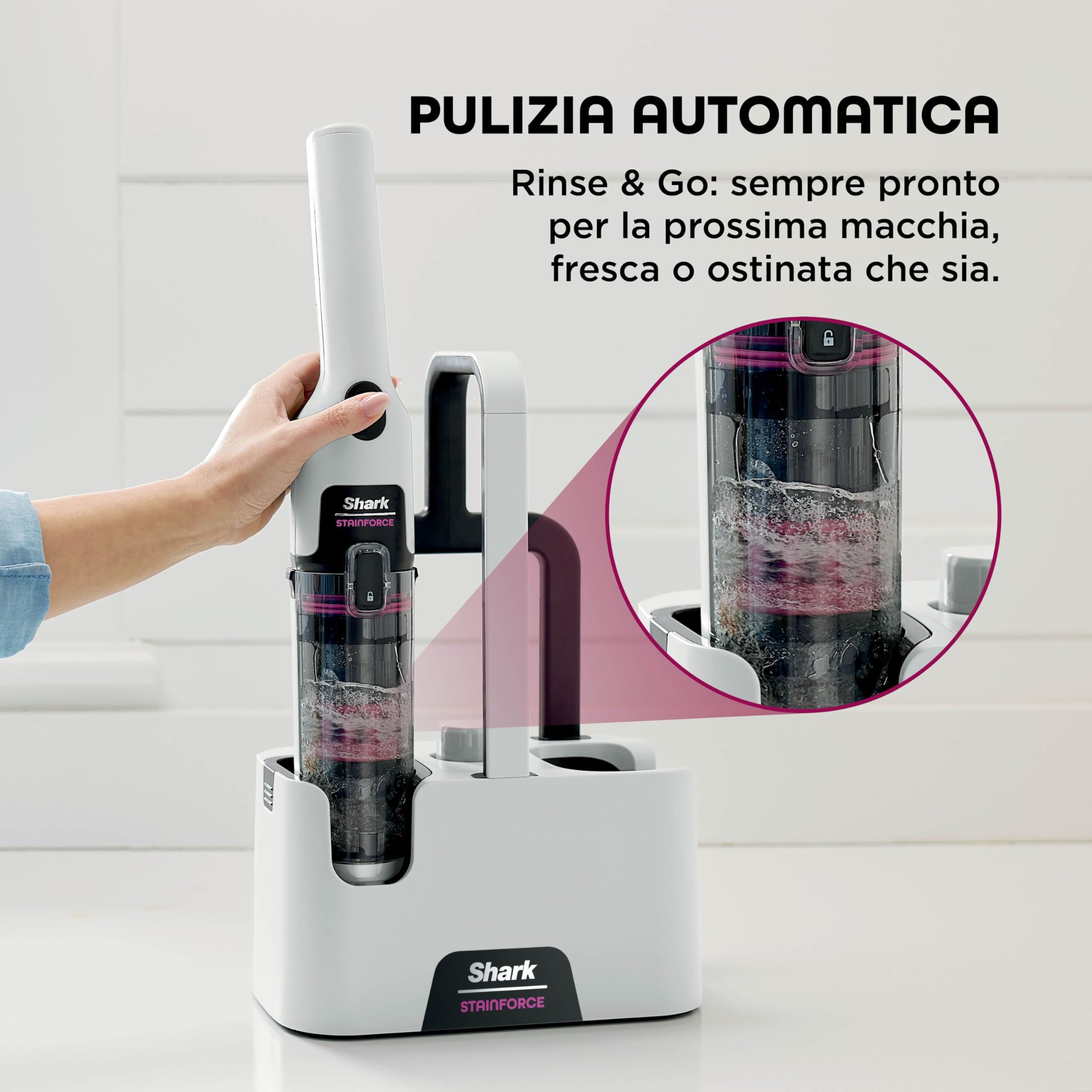 Shark StainForce Pulitore elettrico senza filo leggero, Elimina macchie e odori da tappeti, moquette, tappezzeria, scale, auto. Con cestello di stoccaggio, accessori e soluzione detergente, HX100EUT