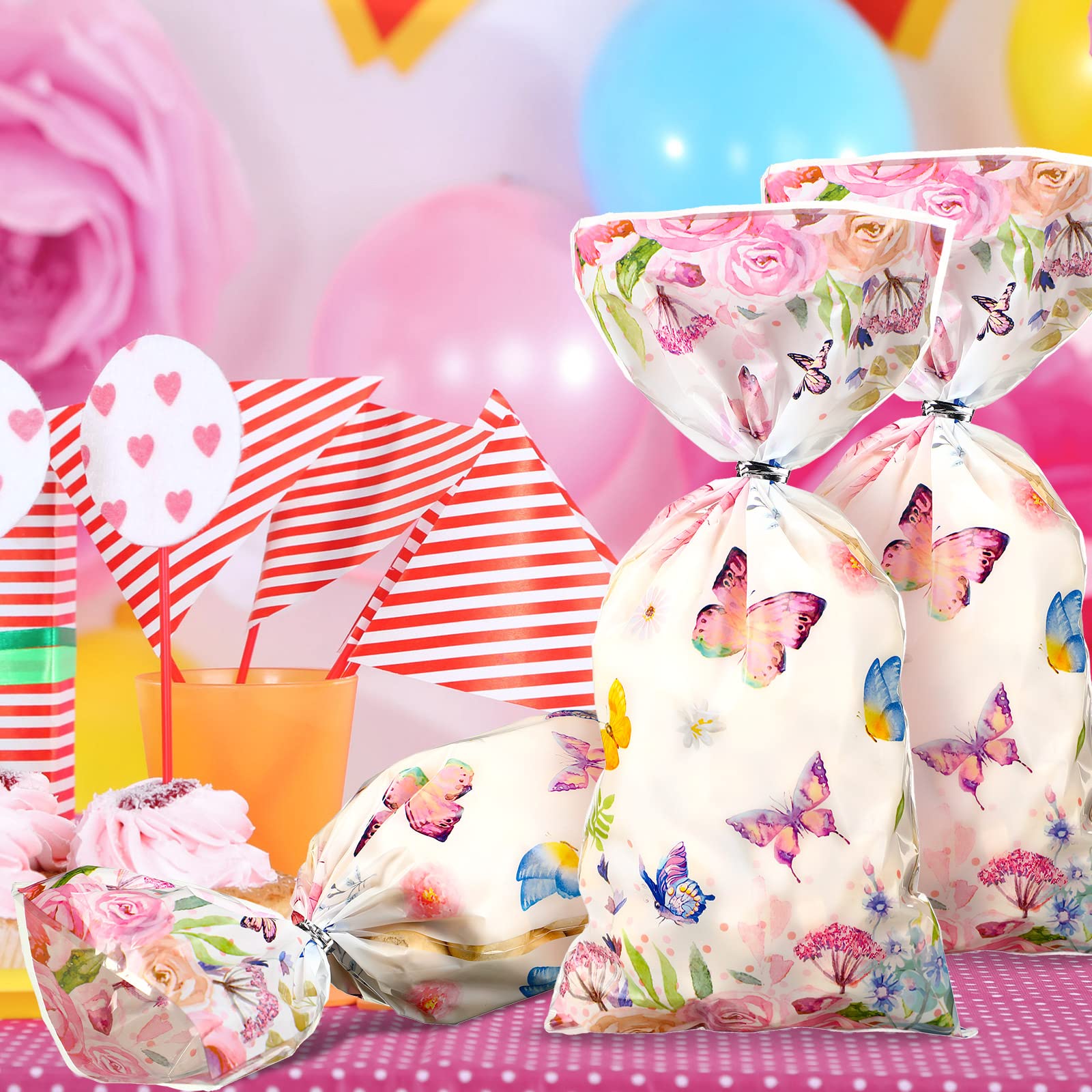 100 Pcs Butterflies Cellophane Treat Bags Watercolor Flowers Butterfly Printed Goodie Candy Favor Bags 100 Twist Ties Butterfly Girls Birthday Baby S