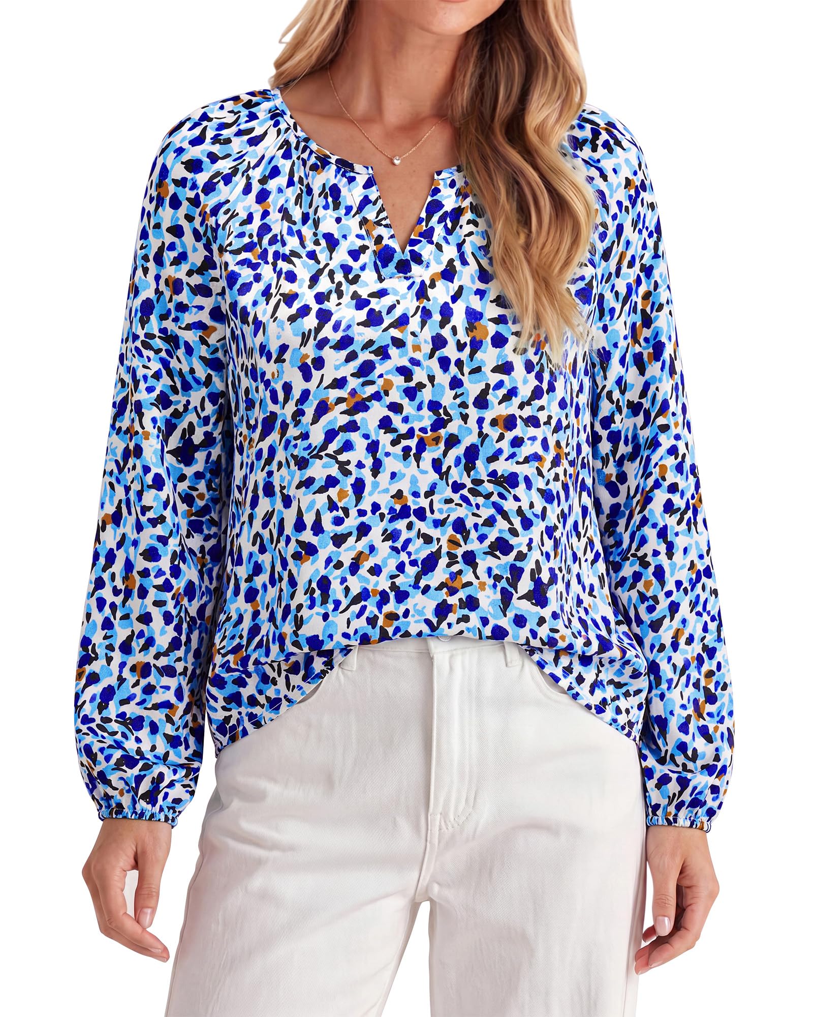 Zenlonr Womens Dressy Casual Blouses V Neck Shirts,White Blue Flower,XXL