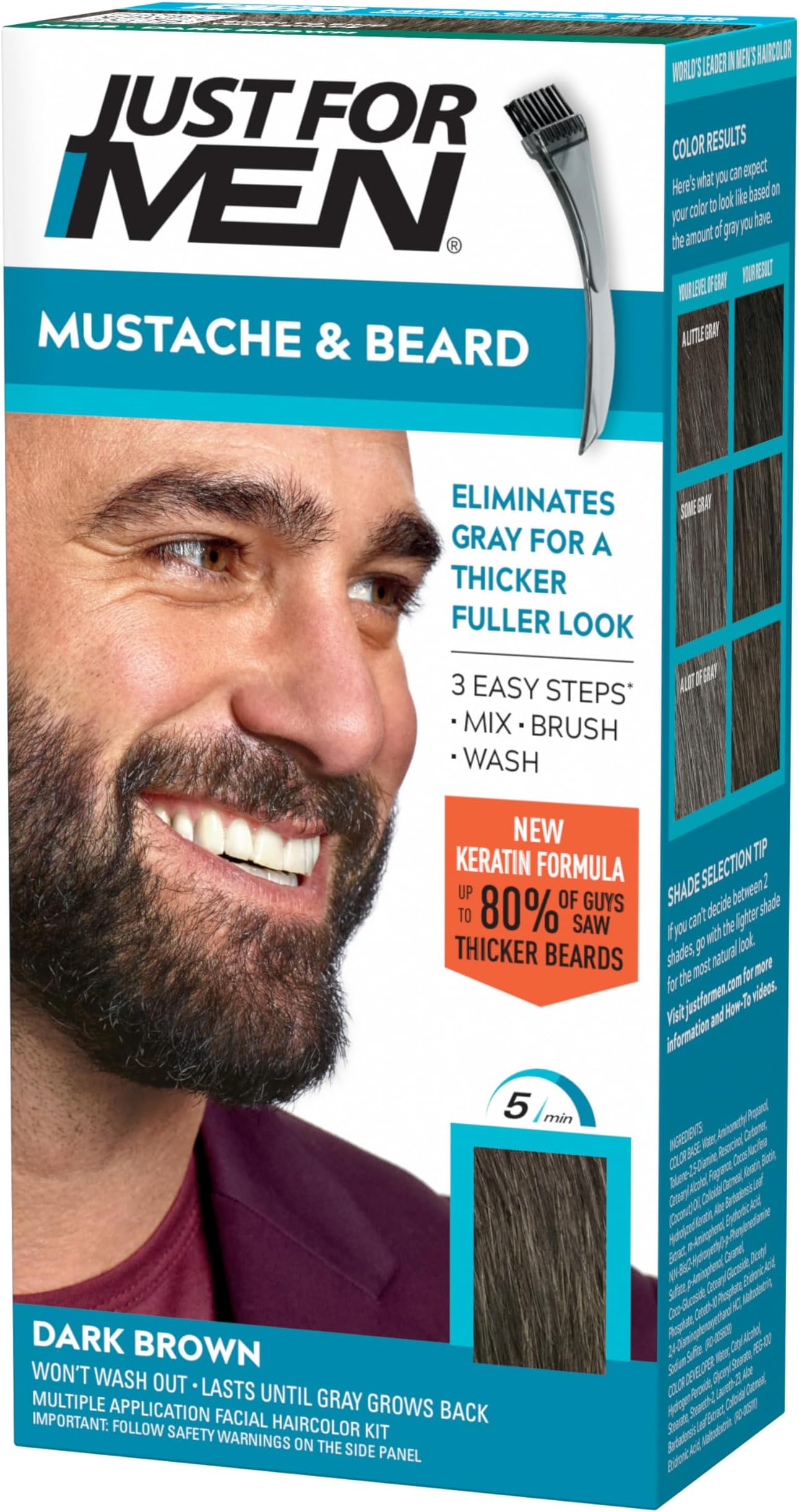 Mustache & Beard, Beard Coloring Gray Hair with Brush Included Easy Application, With Biotin Aloe and Coconut Oil Healthy Facial Hair - Dark Brown, M-45, Multi - 1 Count (Pack of 1)