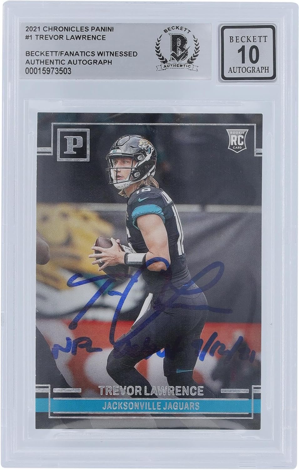 Trevor Lawrence Jacksonville Jaguars Autographed 2021 Panini Chronicles #PA-1 Beckett Fanatics Witnessed Authenticated 10 Rookie Card with "NFL Debut 9/12/21" Inscription - Football Slabbed