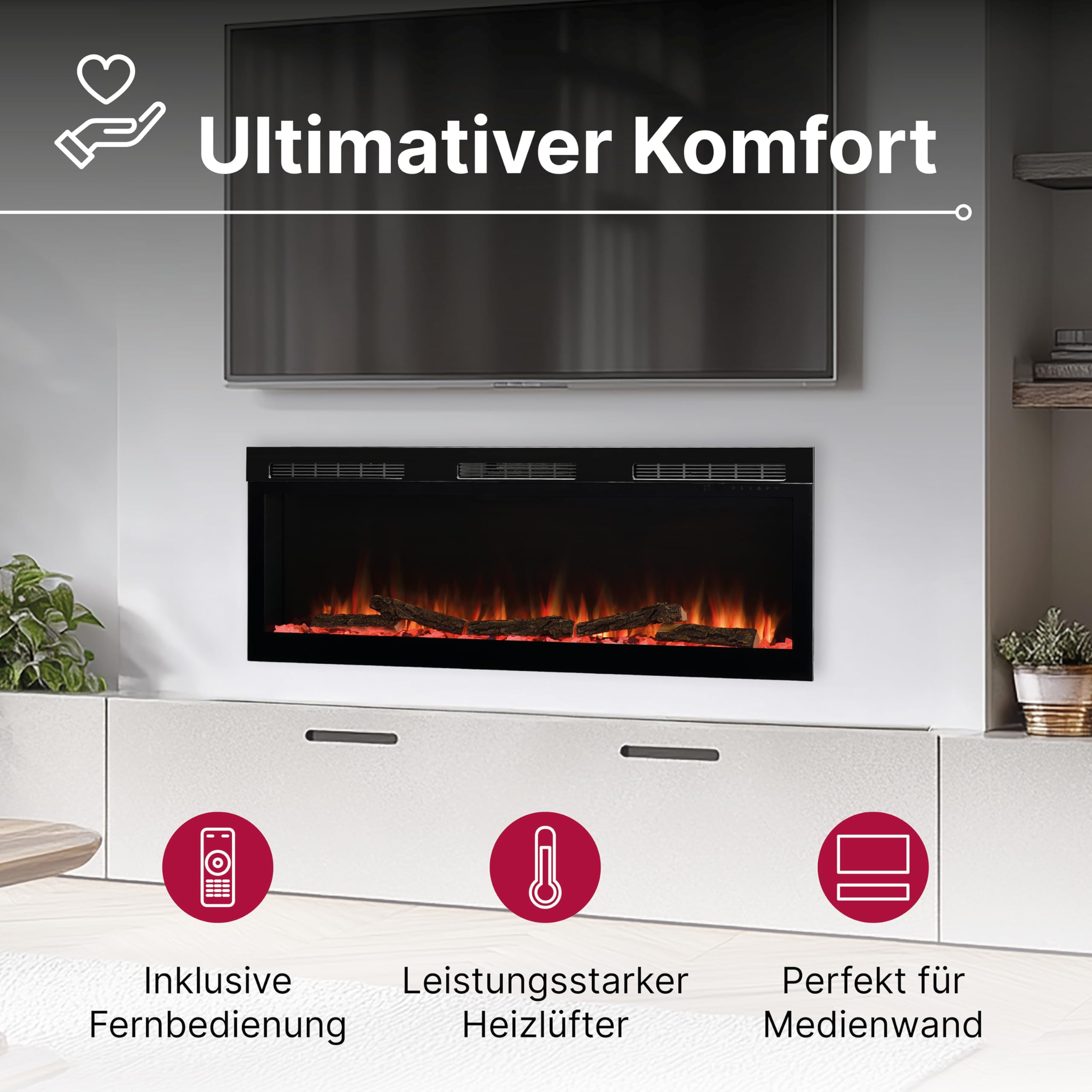 Dimplex Sense 60" Elektrokamin - Wandkamin - Elektrokamin mit Heizung - Kamineinsatz Elektrisch mit LED Optiflame Flameneffekt - Zuschaltbarer 2kW Heizlüfter - Inkl. Fernbedienung und App