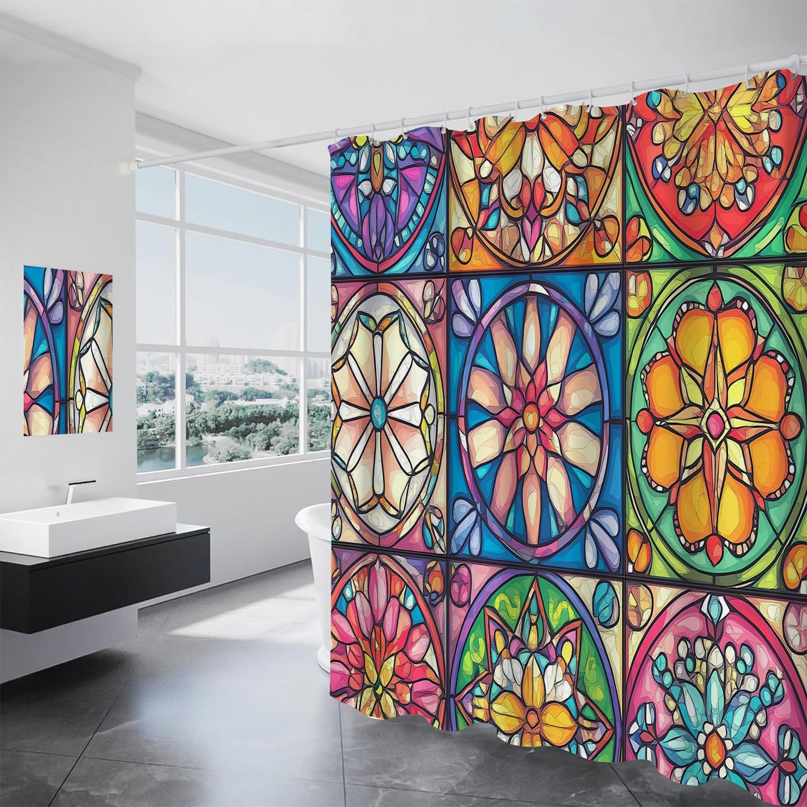 Grand rideau de douche 240 x 200 cm imperméable à motif géométrique floral