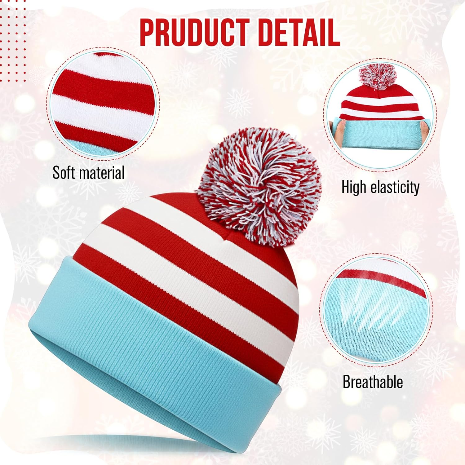 2 Pack Red White and Blue Striped Bobble Hats Knitted Beanies with Pom Pom Stretchy Winter Hats for Themed Parties Costumes - Image 3