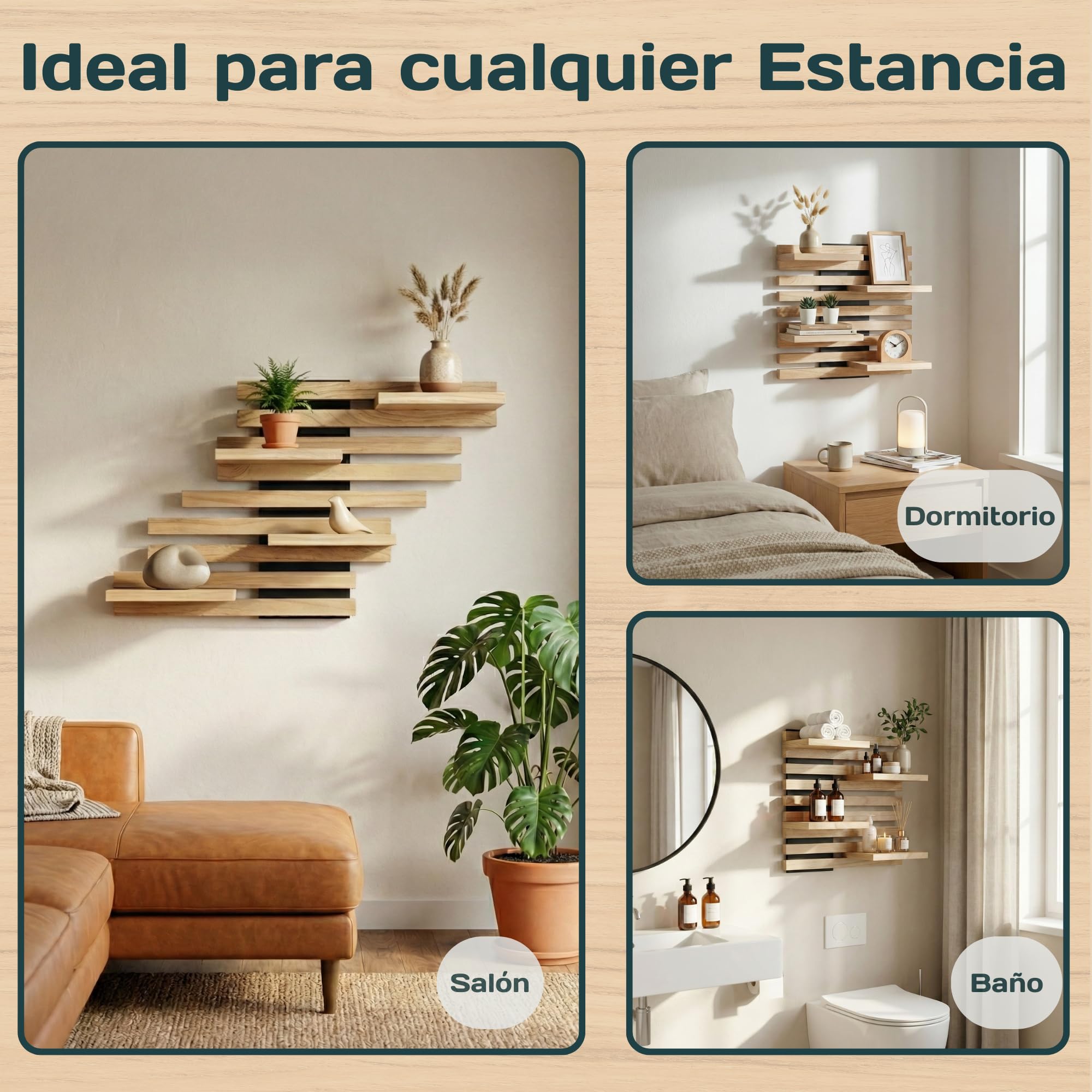 Estantería Flotante Pared Modular de Madera Maciza (Negro) | Estante colgante, repisas y baldas para recibidor, entrada, salón, baño o dormitorio. Mueble organizador de libros y plantas