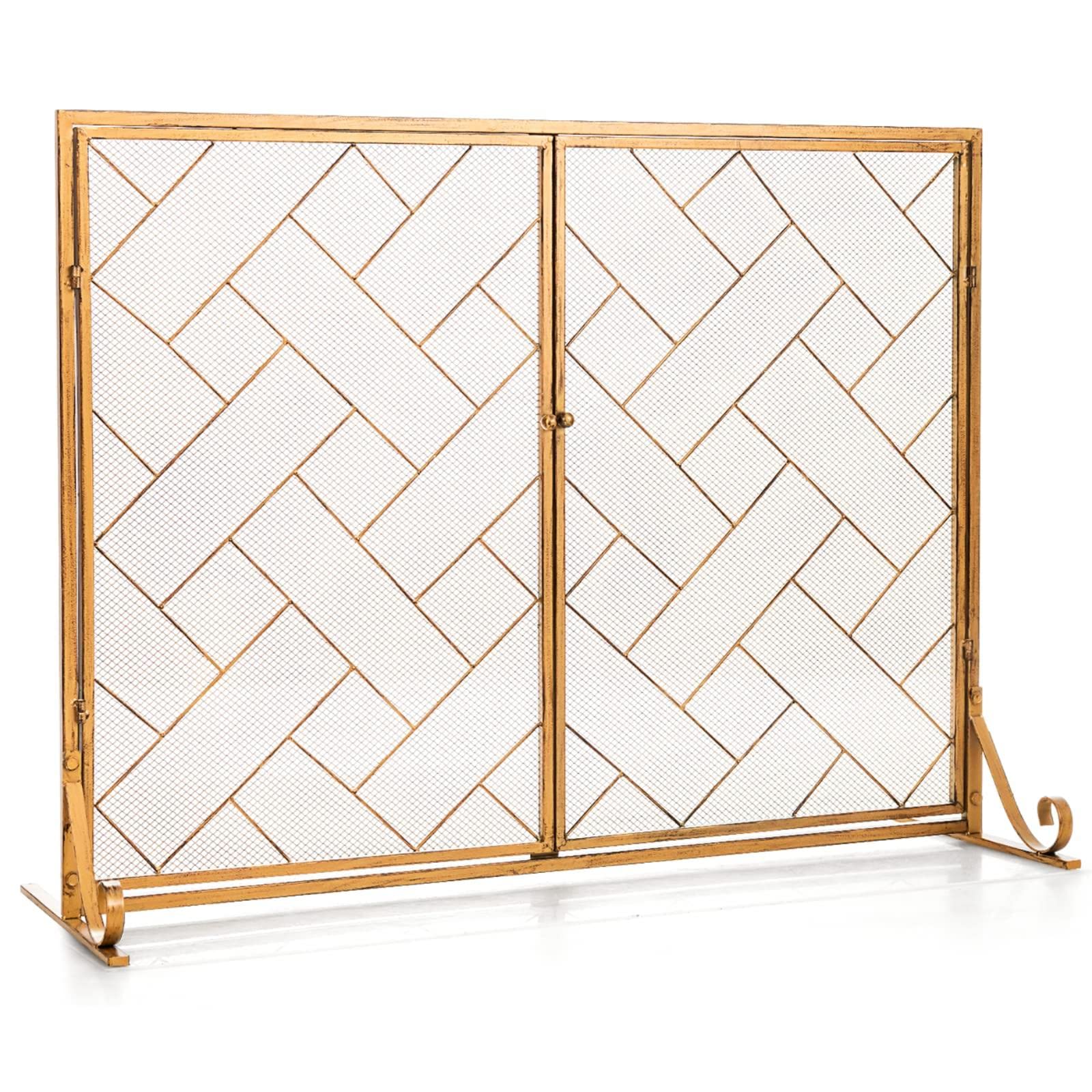 TANGZON Fire Guard with Double Doors, Wrought Iron Mesh Fireplace Screen with Stand, Indoor Outdoor Spark Flame Protection Barrier for Open Fire, Pet, Child & Baby, 113x40x85cm (Gold + Black)