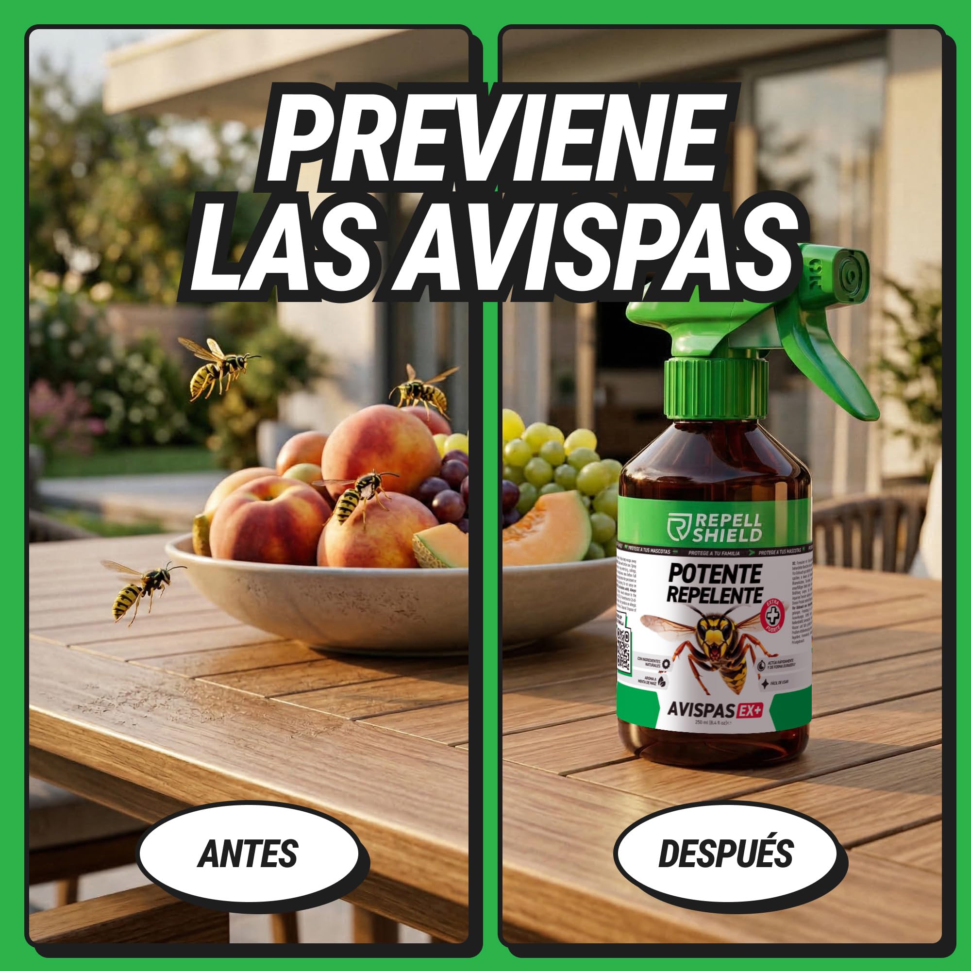 RepellShield® Spray Repelente Avispas Exterior e Interior - 500 ml - Antiavispas con Citronela y Geraniol - Seguro para Niños, Mascotas y Plantas - Protección para Jardín, Piscina, Terraza y Balcón