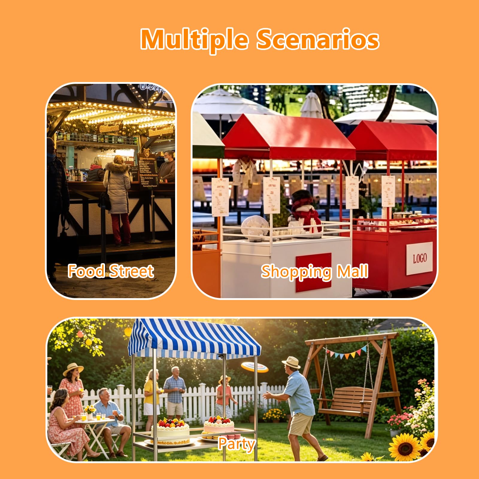 Carrito de Venta Ambulante con Ruedas y toldo Expositor portátil de Comida Quiosco/Carrito Plegable para mercados, Puestos de Comida callejera y Eventos