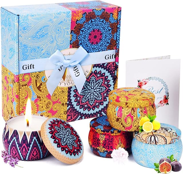 Scented Candles Gift Set Candles Gifts for Women 4 Cans Made of Natural Soy Wax Portable Travel Tin Candle Gifts for Aromatherapy Bath Yoga Mom Gifts