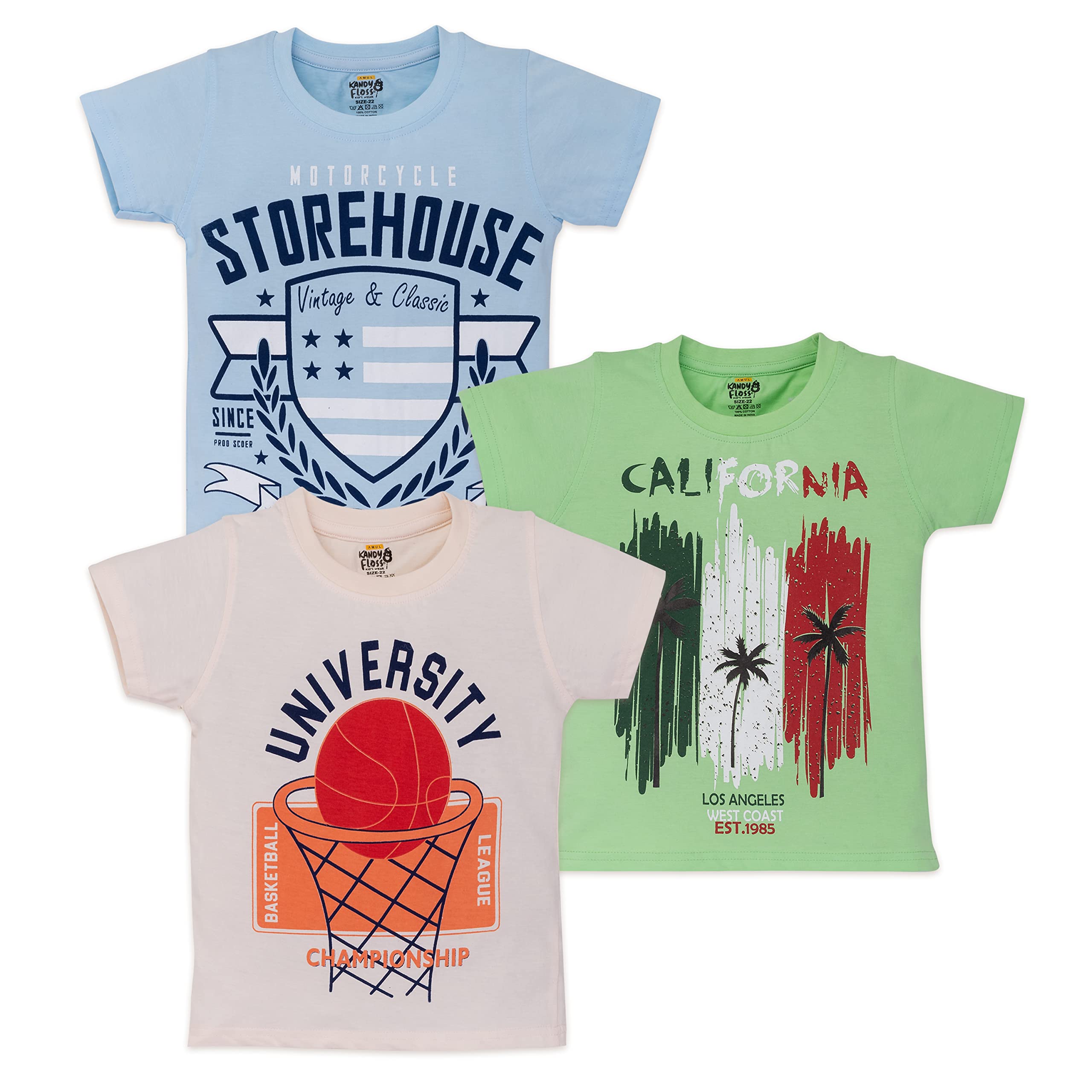 Amul KandyflossBoys Regular Fit Half Sleeve 100% Cotton T-Shirts (Set of 3)