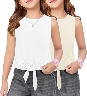 Arshiner 2 Pack Girls Tank Tops Summer Tie Knot Ribbed Knit Sleeveless Crewneck Casual Shirts