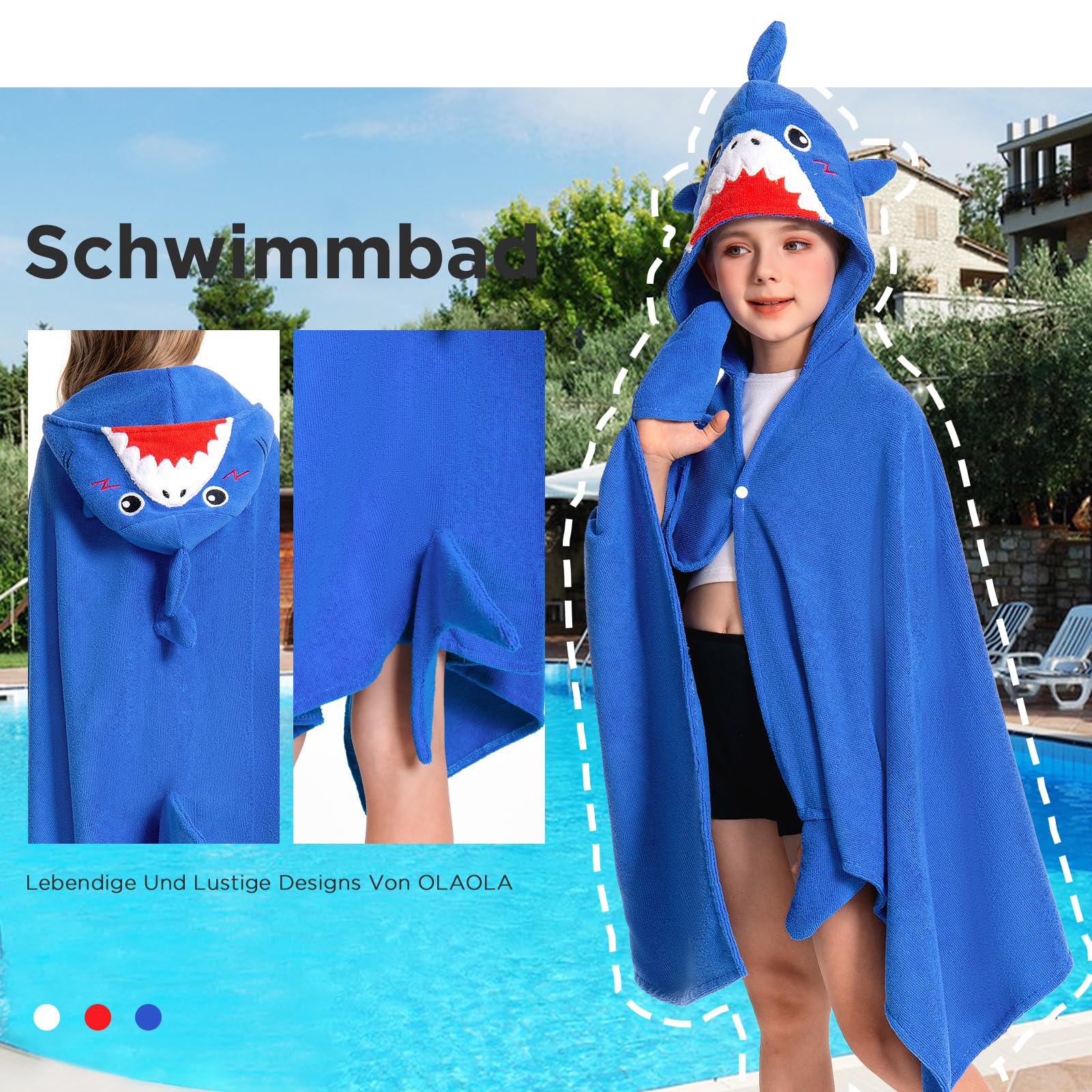 OLAOLA Badeponcho Kinder, Weich und Schnelltrocknendes Badetuch Poncho, Mikrofaser Handtuch mit Kapuze für Strand Schwimmen, Strandtuch für Mädchen Jungen 3-12 Jahre Alt (Hai)
