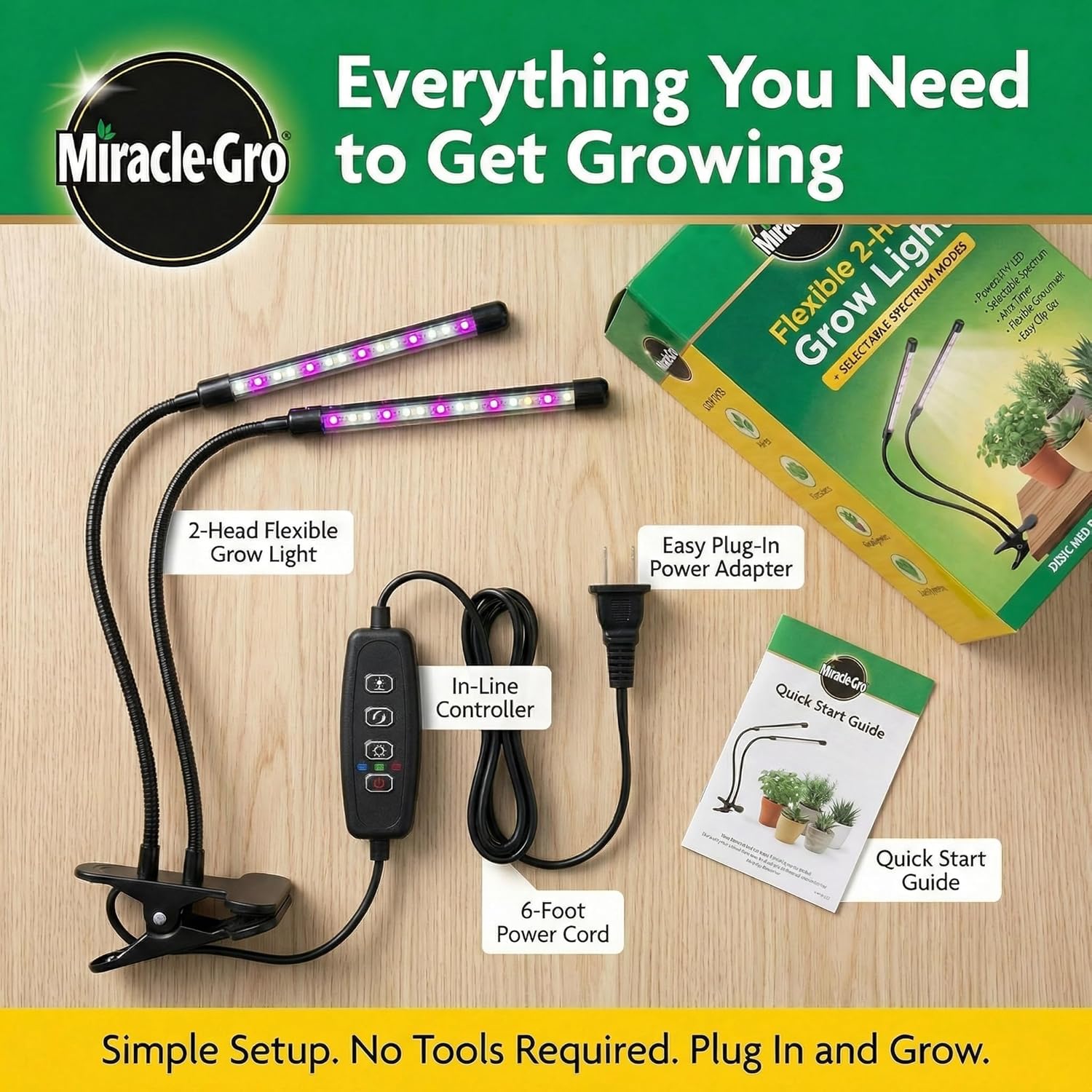 Miracle-Gro, Grow Light for Indoor Plants - 10W LED, Flexible 2-Head, Selectable Spectrum for Indoor Plants, Seeds, Herbs, Flowers, Plug-in Anywhere for Any Plant