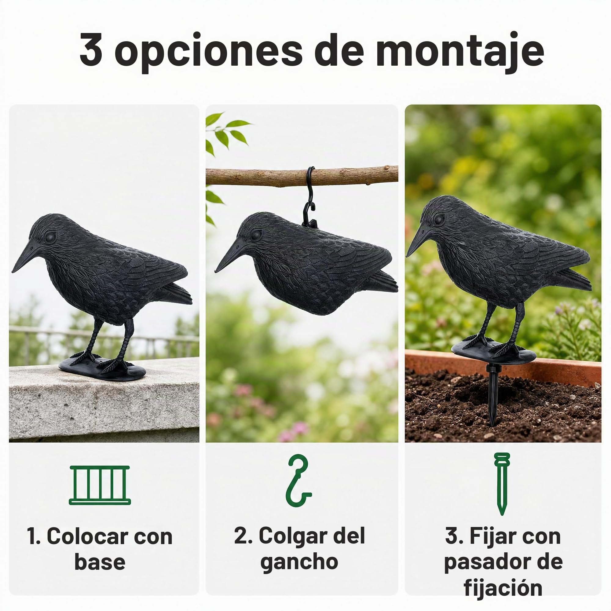 Brandsseller Cuervo Negro de Plástico 36 x 20 cm Ahuyentador de Palomas Disuasor de Aves pequeñas y Palomas Espanta Animales - Juego de 3