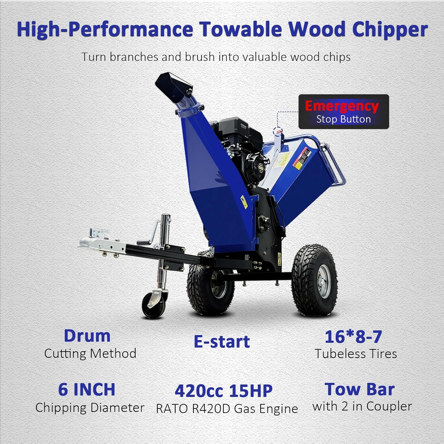 6-Inch Gas Wood Chipper Shredder, 420cc 15HP Engine, Electric Start, Drum Chipper Towable Wood Chipper with 2" Coupler Hitch, Jockey Wheel, Branch & Leaf Mulcher