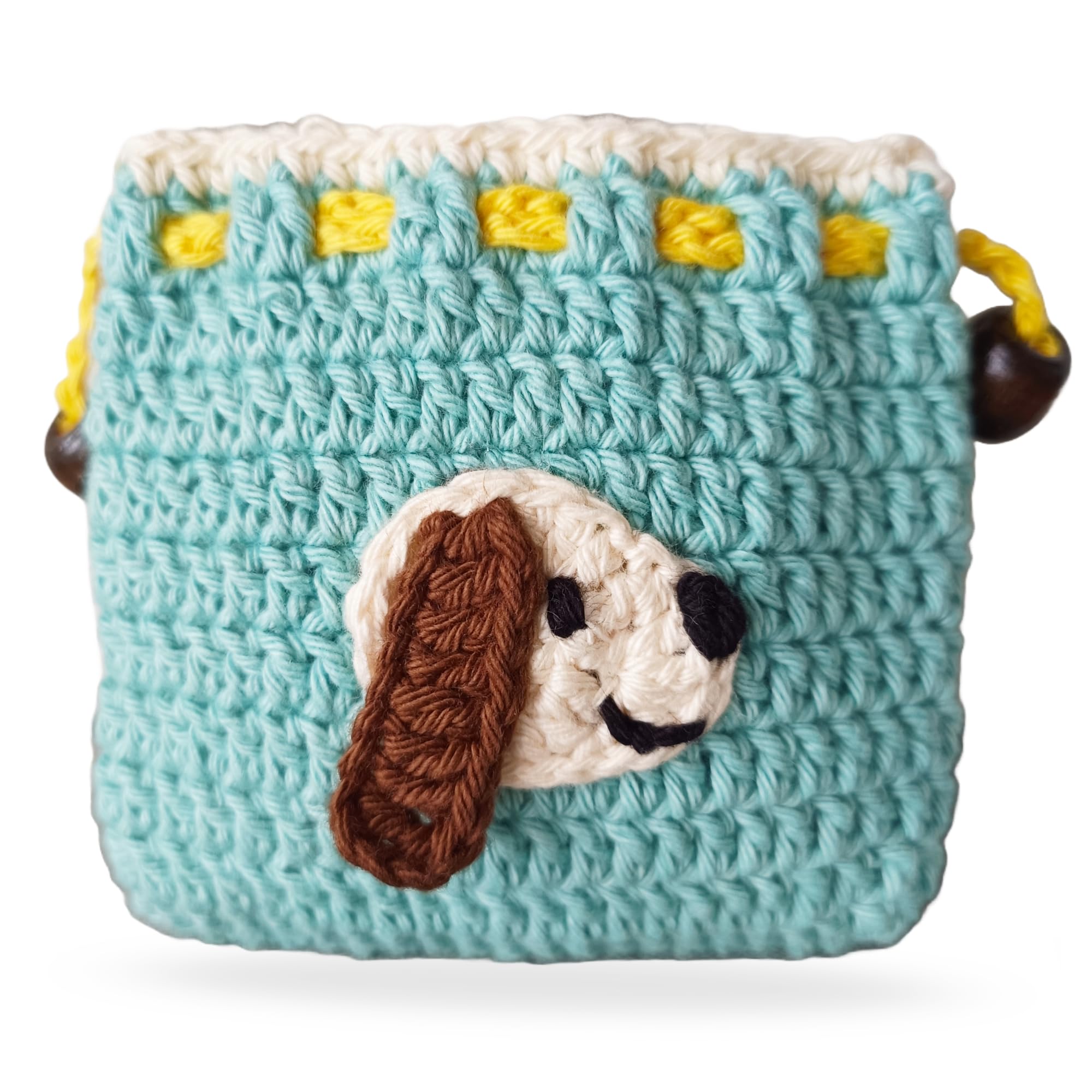 Handmade Crochet Drawstring Pouch, Air pods Cover, Earphone or Multi Purpose Pouch, 8 cm x 8 cm, Sea Blue (Dog Motif) (Pack of 1)