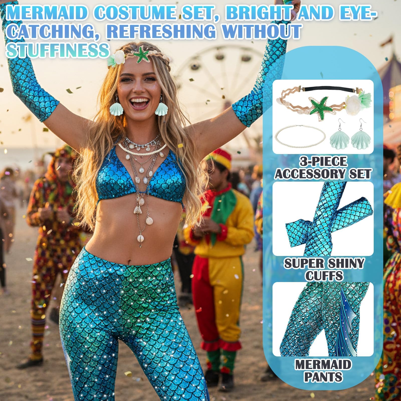 Meanju Leggings a Forma di Sirena, Costume da Sirena da Donna e Ragazza, Cerchietto Capelli Guanti Orecchini a Forma di Conchiglia Collane di Perle, per Costume di Carnevale,Giochi di Ruolo,Feste