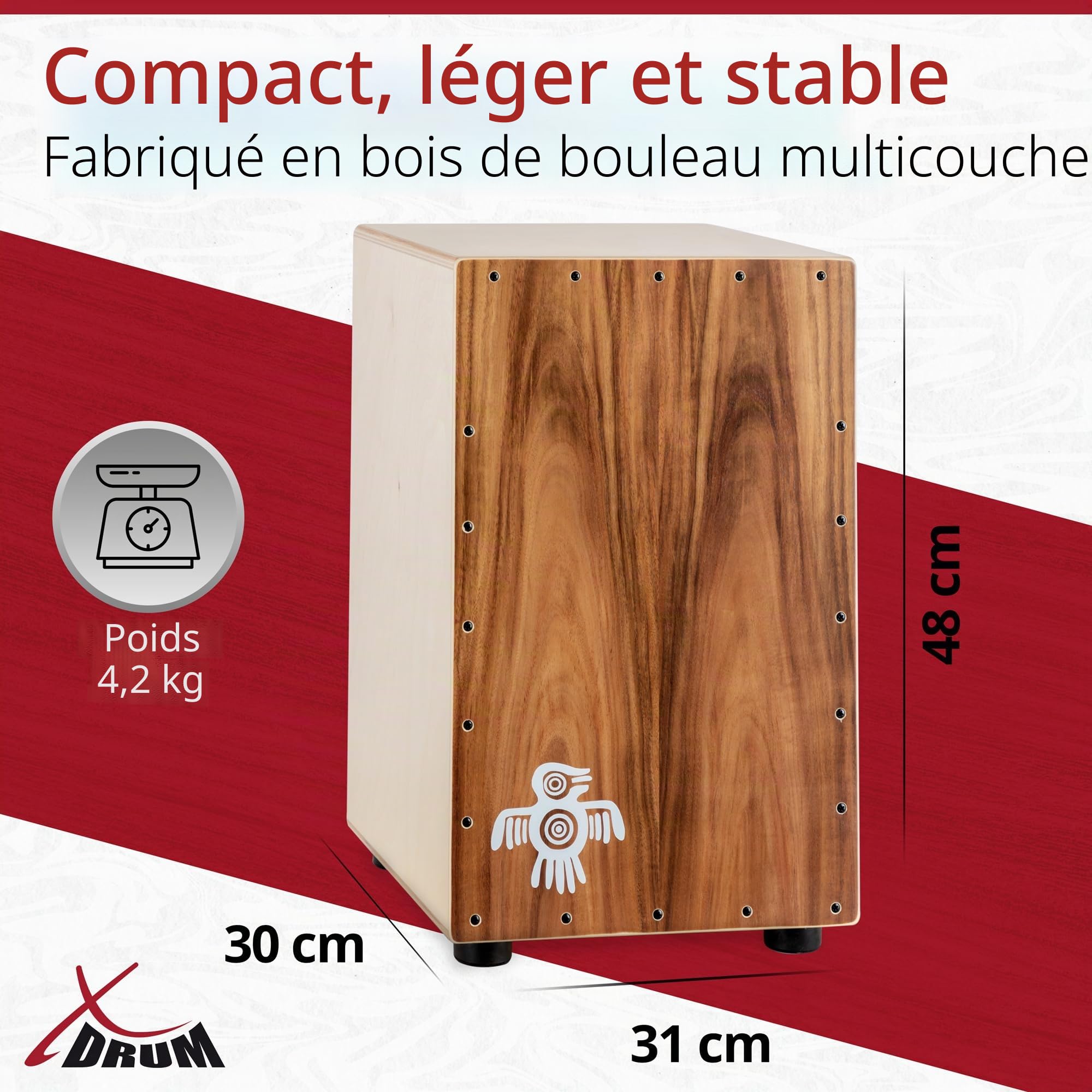 XDrum Cajon Peruana Koa, Table d’impact en Koa de 3 mm, 5 cm, Poids: env. 4 | Sons de basse et caisse claire très différenciés et présents, Corps en bouleau 9 mm (7 plis), Clap Corners réglables, 5 cm
