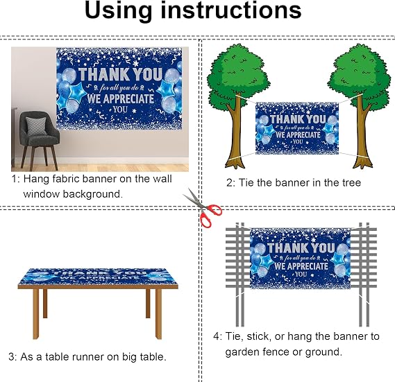 HOWAF Thank You for All You Do Party Decoration, Employee Appreciation Banner for Staff Teachers Doctors, We Appreciate You Backdrop, Blue and Silver, 72.8 x 43.3