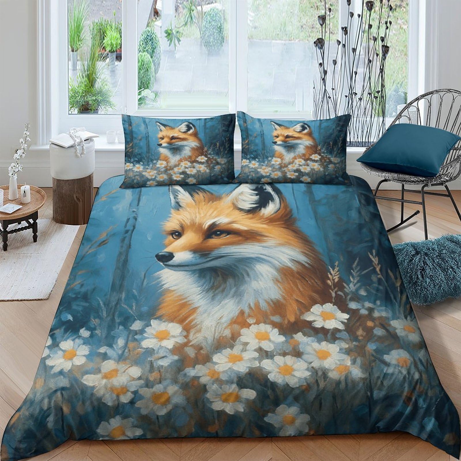 GPLZQXKJNH 3D Printed Fox Forest Duvet Cover Microfiber Soft Breathable Daisy Flower Bedding Set with 2 Pillowcases for Bedroom Décor Single（135x200cm）