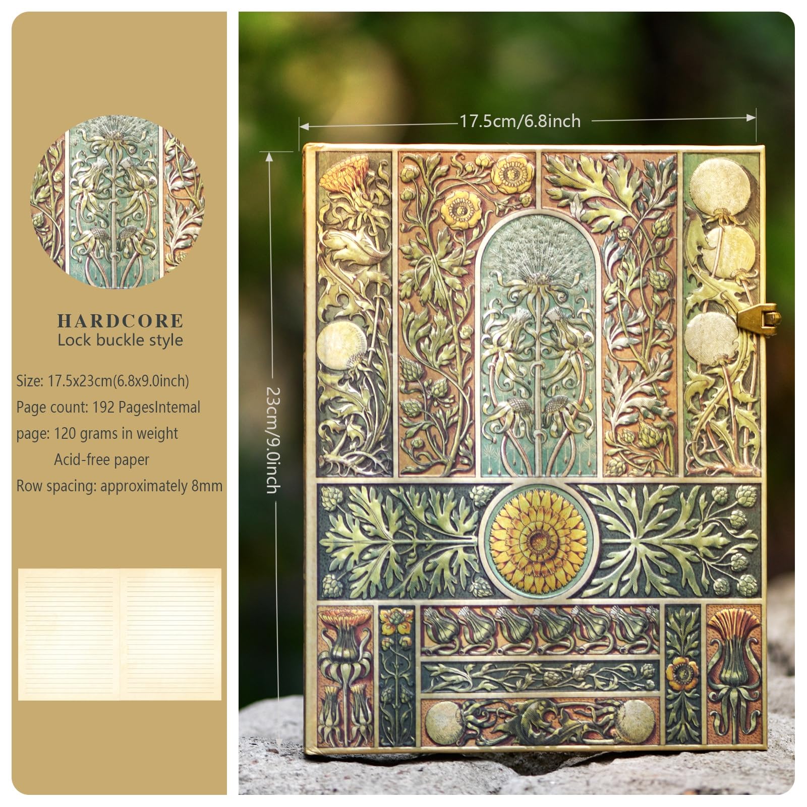 Vintage 3D Verdant Voice Hardcover liniert Tagebuch – 192 Seiten (96 Blatt) mit Umschlagtasche – Erinnerungs-Tagebuch & Gedenknotizbuch für Meilenstein-Momente