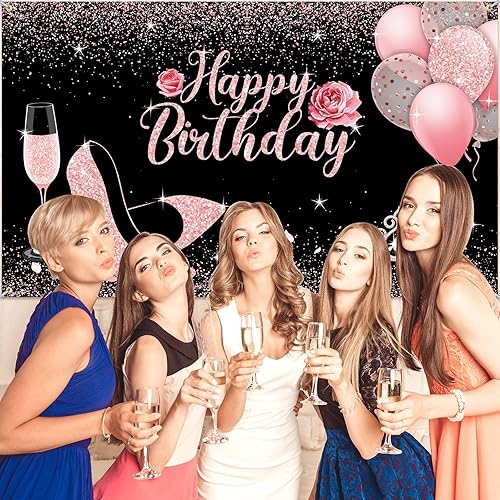 Miniatura 5 de Sumind Decoración de pancarta de feliz cumpleaños, fondo de cumpleaños negro y rosa, 6 x 3.6 pies, oro rosa y negro, decoraciones de fiesta para