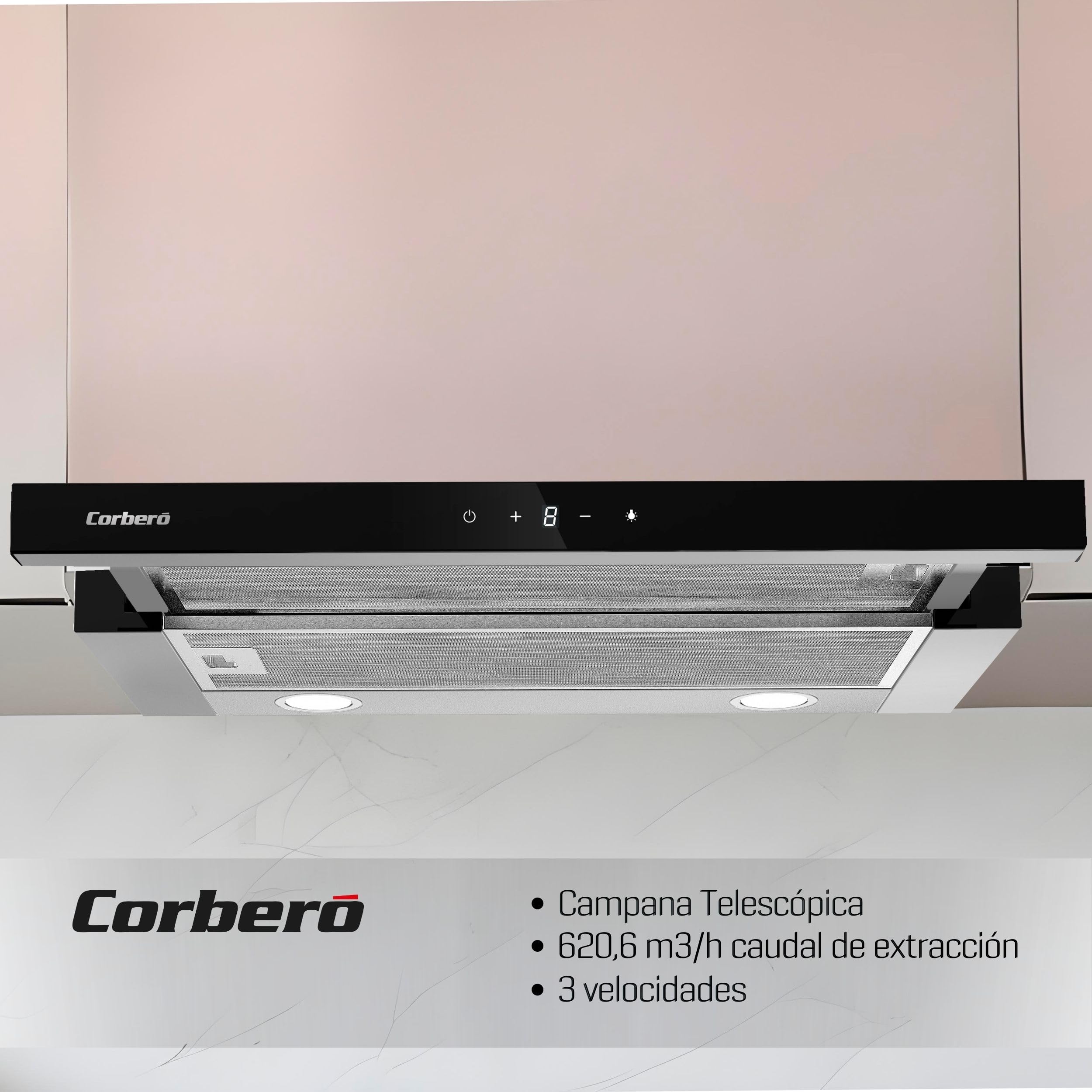 Corberó ANETO960X Cappa Telescopica Inox&Nero, 90 cm, Portata 600 m3/h, Potenza 165 W, 3 velocità, Filtro alluminio 3 strati, Filtro Carbon, Efficienza Energetica A