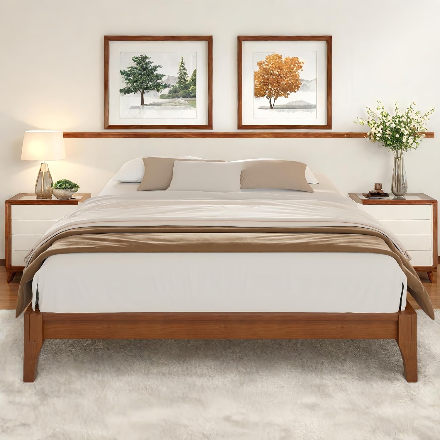LUMISOL Bamboo Wood Platform Bed Full Size with Support Legs, No Headboard Bed Frame with Underneath Storage for Saving Space, Brown