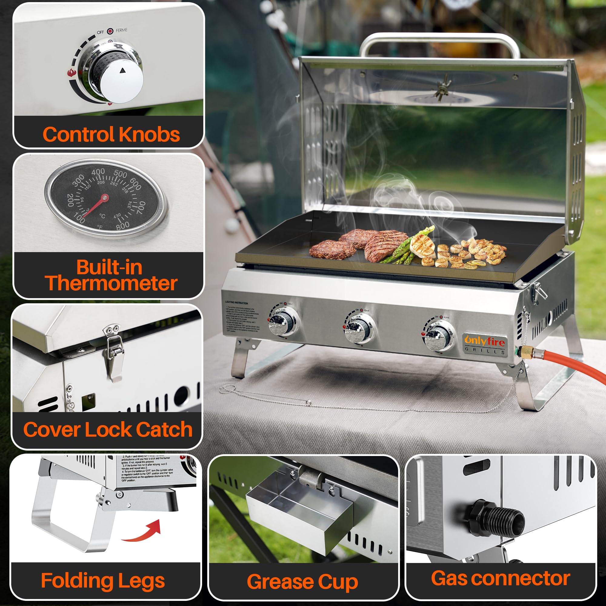 Onlyfire Tischgasgrill mit 3 Brenner | Edelstahl Plancha Gasgrill | mit Deckel, Grillplatte, Thermometer | Grillfläche 57 x 36 cm | Keramische Lackbeschichtung | BBQ Camping | Tragbarer Balkongrill