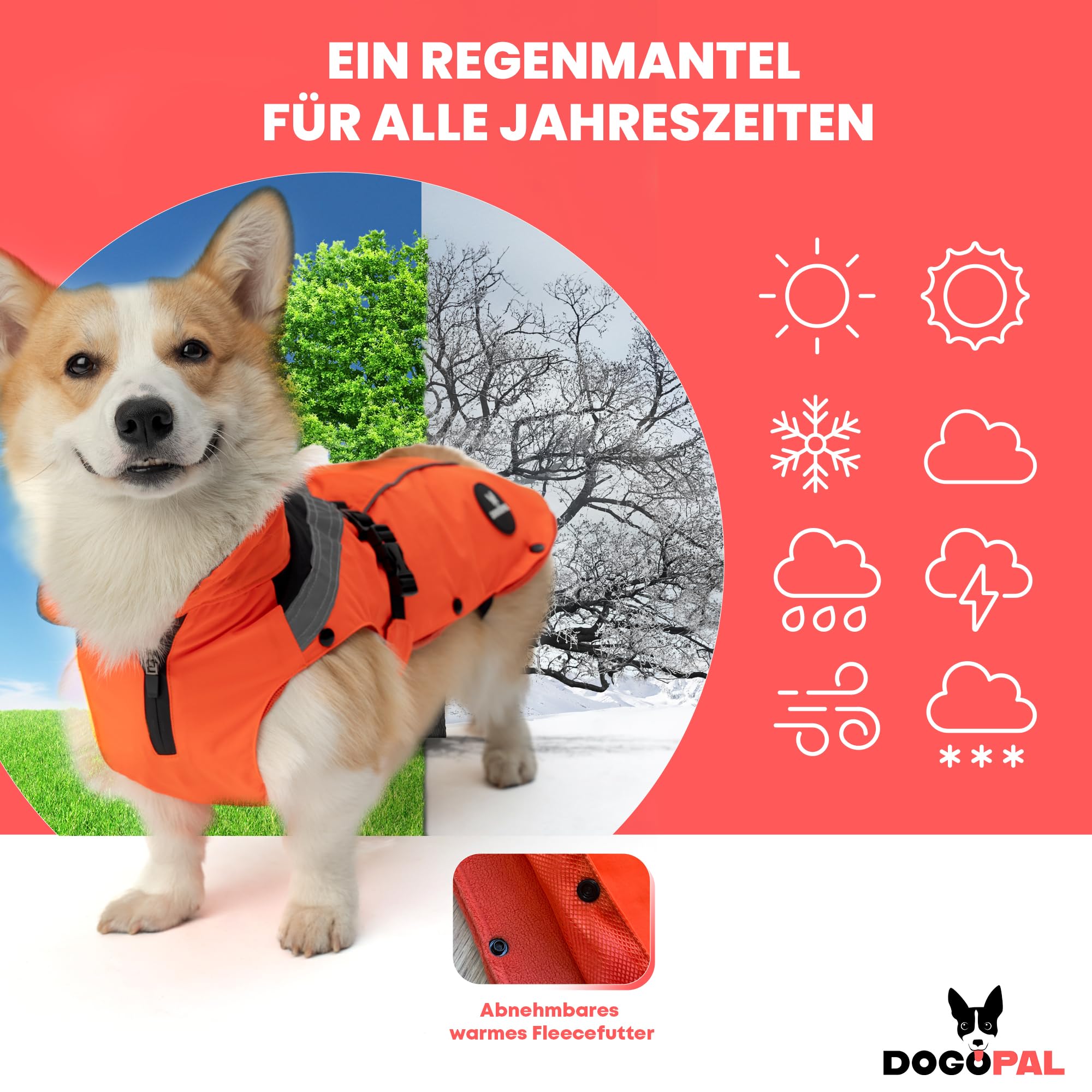 DOGOPAL 2in1 Allwetter-Hundemantel – Wasserdichter Hunderegenmantel mit herausnehmbarem Fleece – Regenmantel Hund für große, mittlere & kleine Hunde (Orange, L)