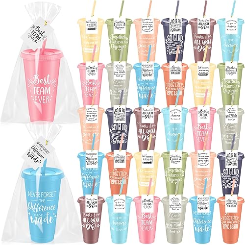 Skylety 30 juegos de tazas de agradecimiento con tapas y pajitas a granel de plástico de 24 onzas, regalos de agradecimiento para enfermeras,