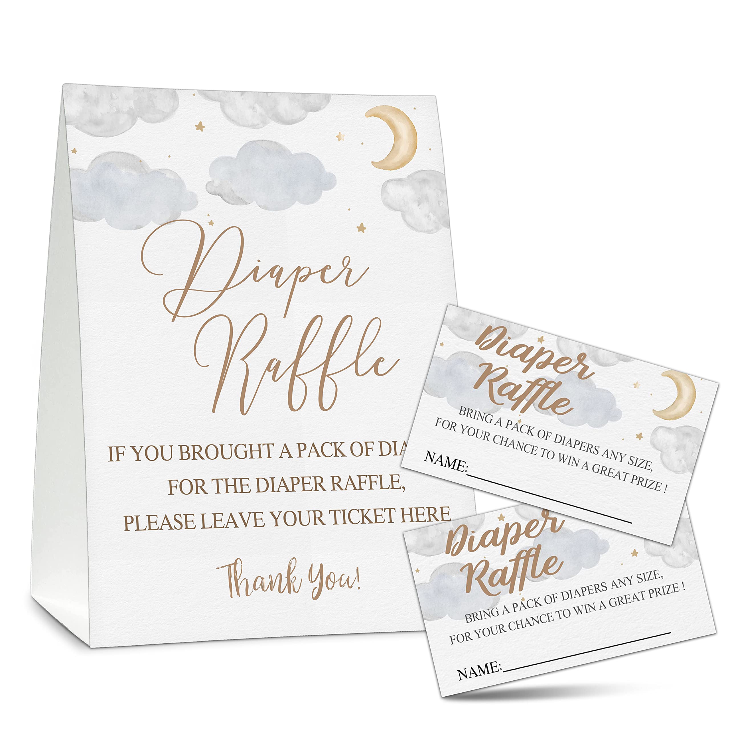 Baby Shower Game Set, 50 Diaper Raffle Tickets with 1 Standing Sign, Twinkle Twinkle Little Stars Gender Reveal Party Decorations Supplies - B73