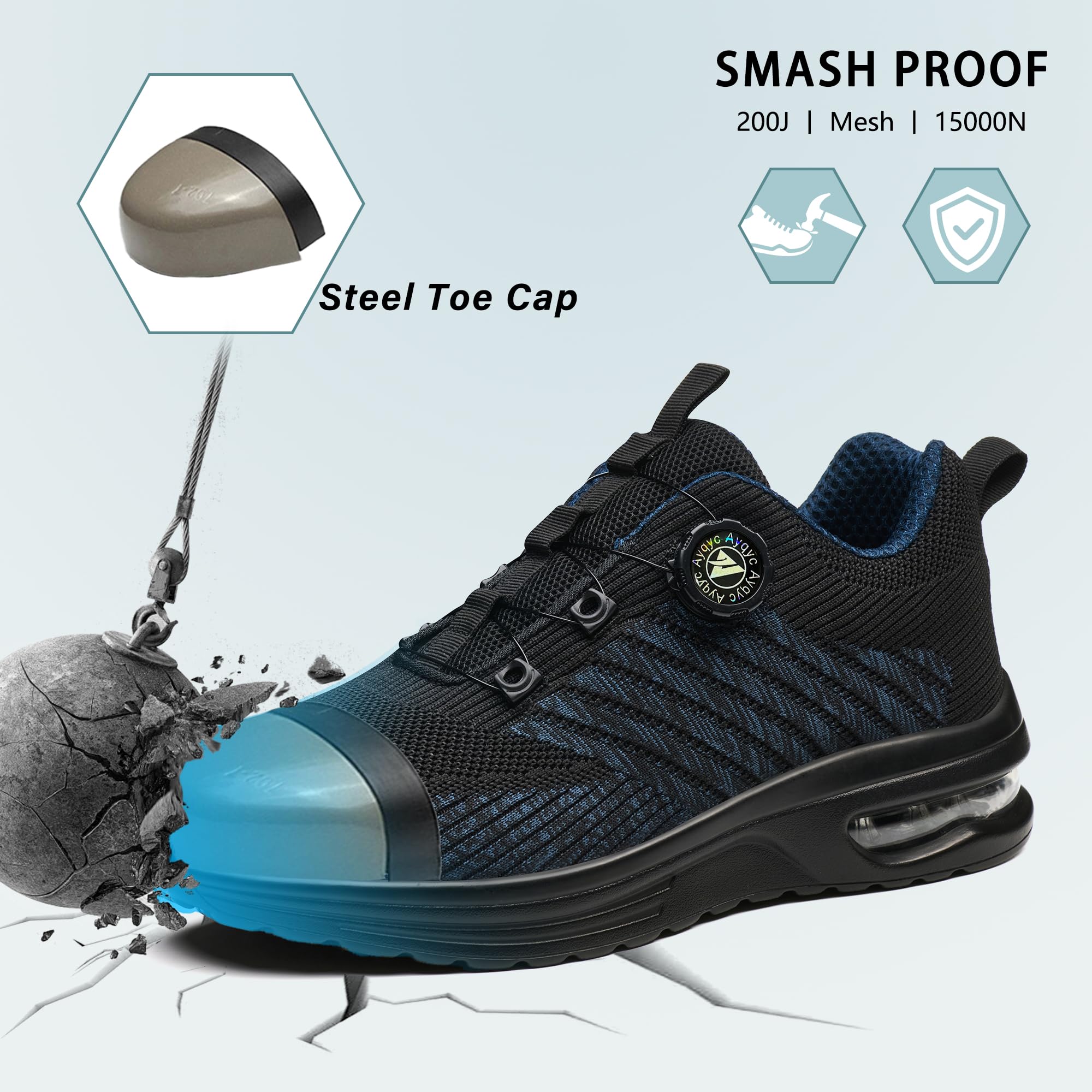 Buty ochronne męskie ze stalowym noskiem, buty ochronne damskie, lekkie buty ochronne, oddychające, antypoślizgowe, robocze buty ochronne z poduszką powietrzną, obrotową klamrą, sznurówki, NIEBIESKI