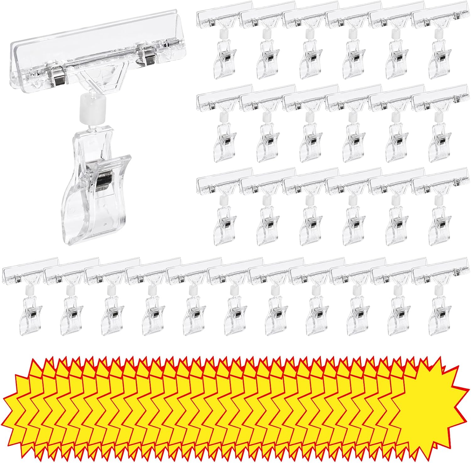 60Pcs Plastic Clear Sign Holder and Blank Price Label Tags Set, Swivel Rotatable Rack Shelf Display Card Holder for Hangrails Retail Supermarket Shopping Mall Store