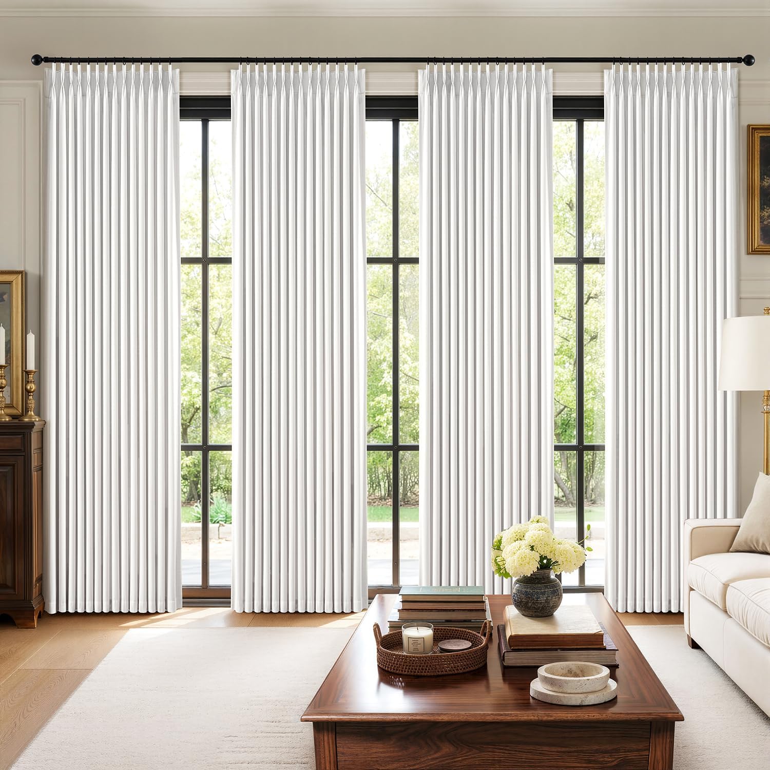 MIULEE Pinch Pleated 100% Blackout Curtains 90 Inch Long 4 Panel Set for Bedroom Thick Linen Memory Trained Pleat Living Room Darkening Back Tab Double Layer Thermal Insulated Drapes, White