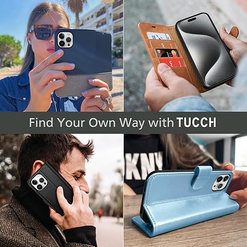 Miniatura 9 de TUCCH Funda para iPhone 15 Pro Max con función atril magnética bloqueo RFID 4 ranuras para tarjetas carcasa interior de TPU Funda protectora de piel