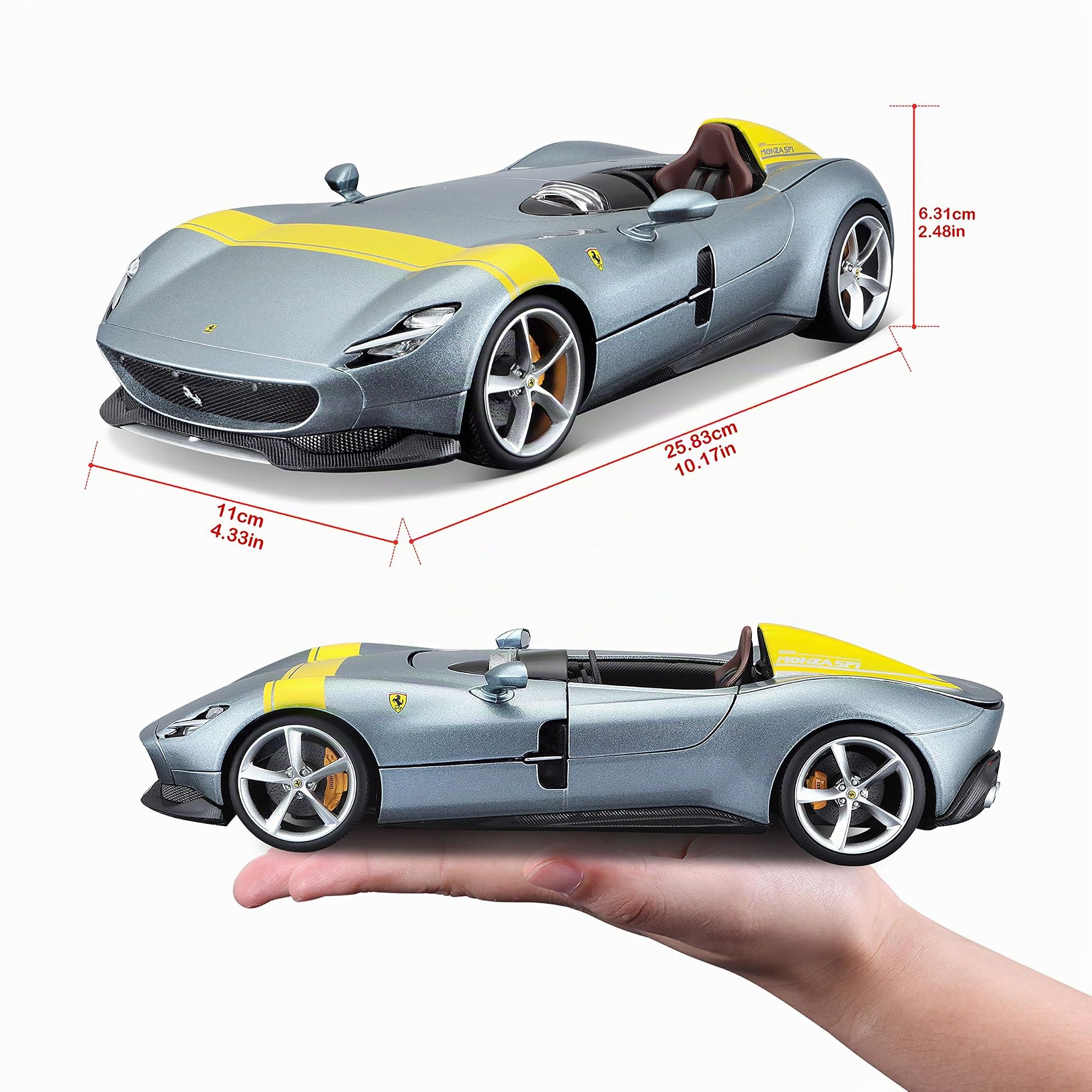 Bburago "Race&Play Ferrari Monza SP1, Silber- Supercar Modellauto 1:18 Die-Cast Originalgetreues Sammlerauto Spielzeugauto mit beweglichen Türen, Motorhaube & Kofferraum ab 3 Jahren (18-16013)