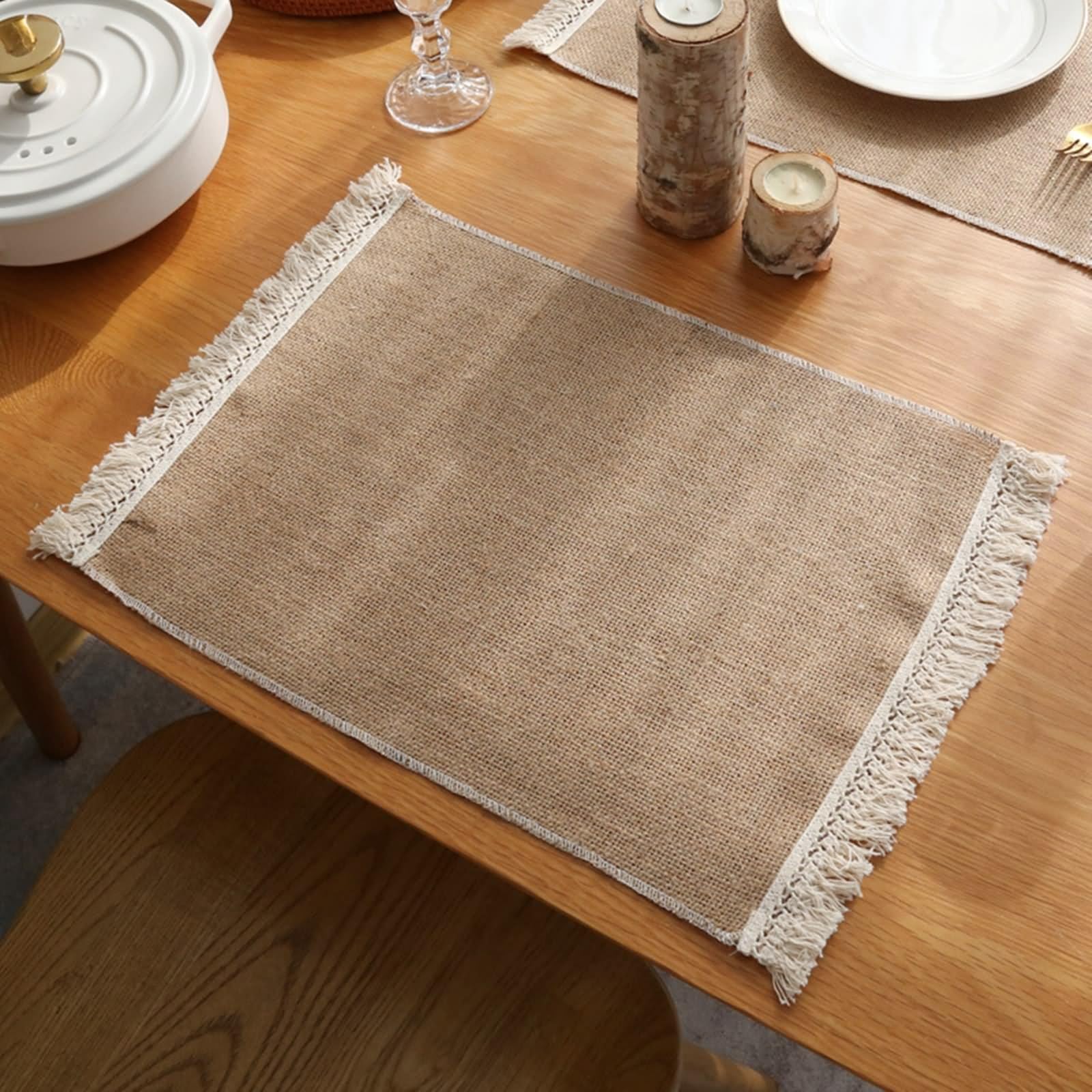 10er Set Platzset Weihnachten Edel, Tisch Untersetzer Braun 30x45cm Einfarbig mit Quaste Baumwoll Leinen