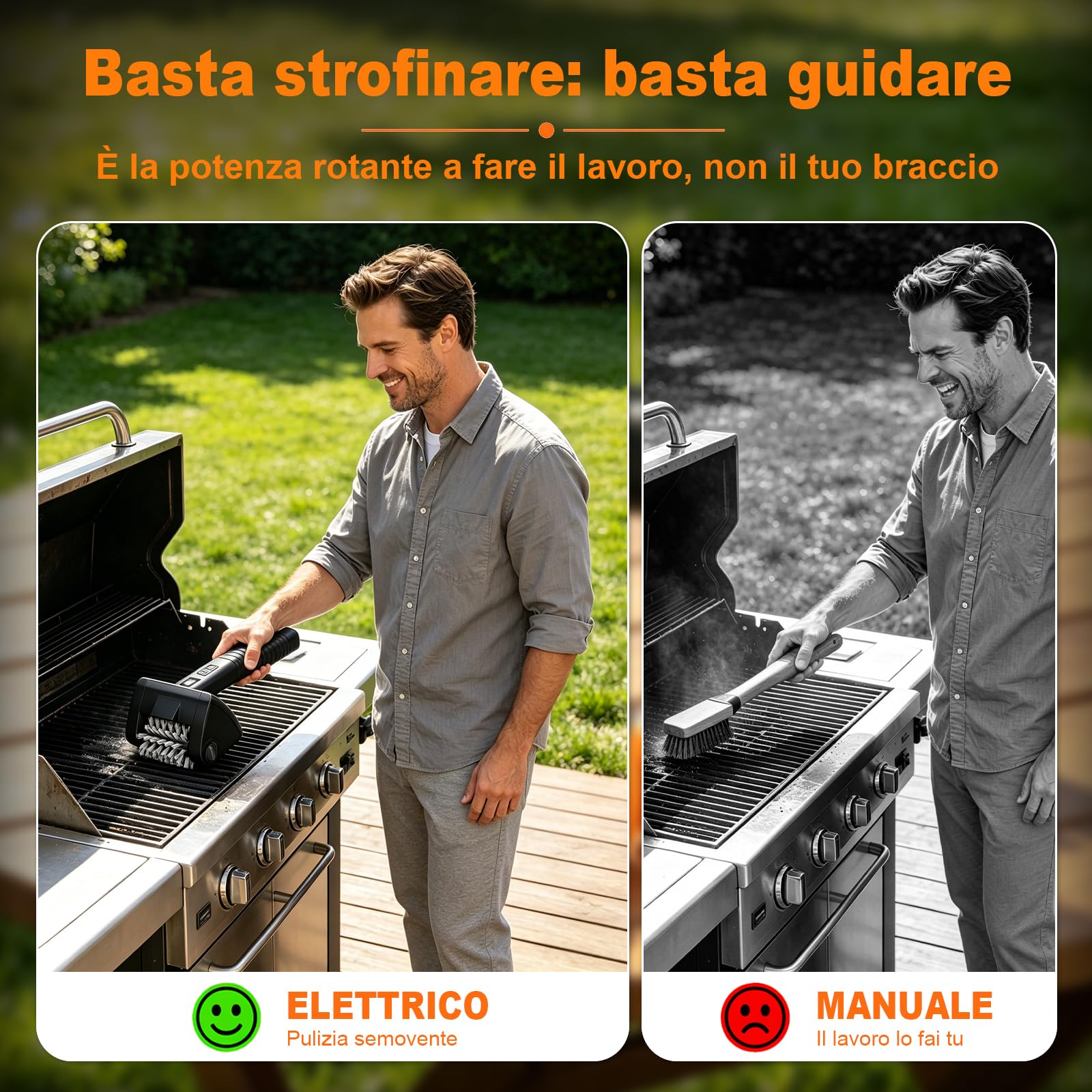 Spazzola Elettrica Barbecue Senza Fili, Pulizia BBQ con Acciaio Inox 304 | Pulitore Barbecue Ricaricabile 4000mAh, 380/490RPM, 90min, IPX7, Luce LED, Spazzola Pulizia Griglia BBQ 2 Velocità