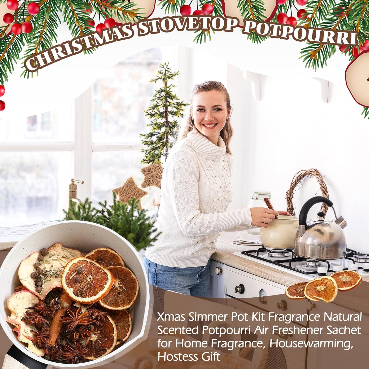 Siifert 4 Pack Christmas Simmering Potpourri Bulk Xmas Stovetop Potpourri Pot Kit with Dried Orange Apple Pieces Cinnamon Cloves Star Anise Rosemary Allspice Room Air Freshener Decor