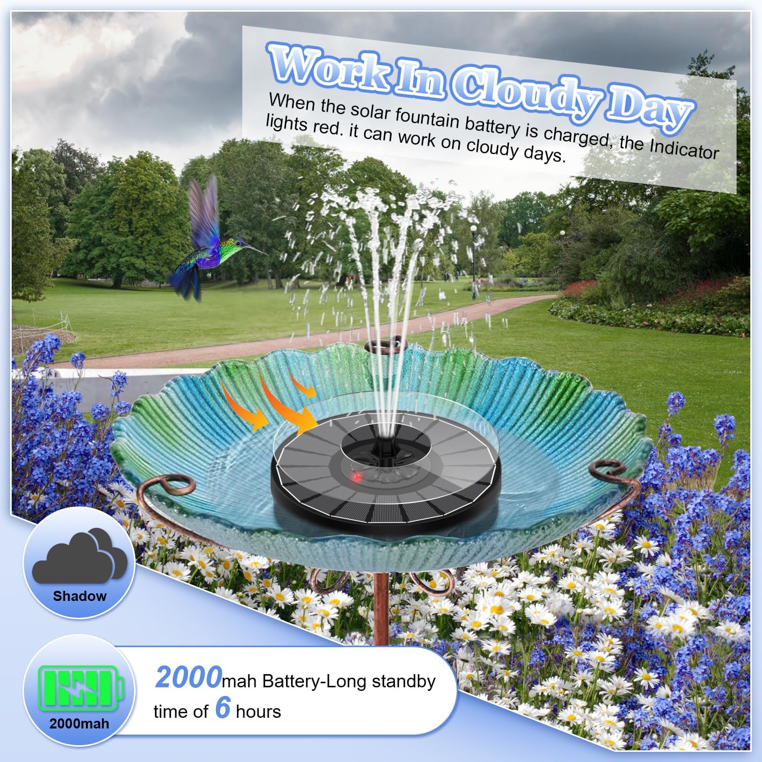 Yzert Solar Fountain with 2000mAh Battery & Innovative Indicator, 3.5W Glass Solar Water Fountain Pump Works in Cloudy Day with 7 Nozzles for Bird Baths, Gardens, Ponds, Pools, Outdoors-Black - Image 3