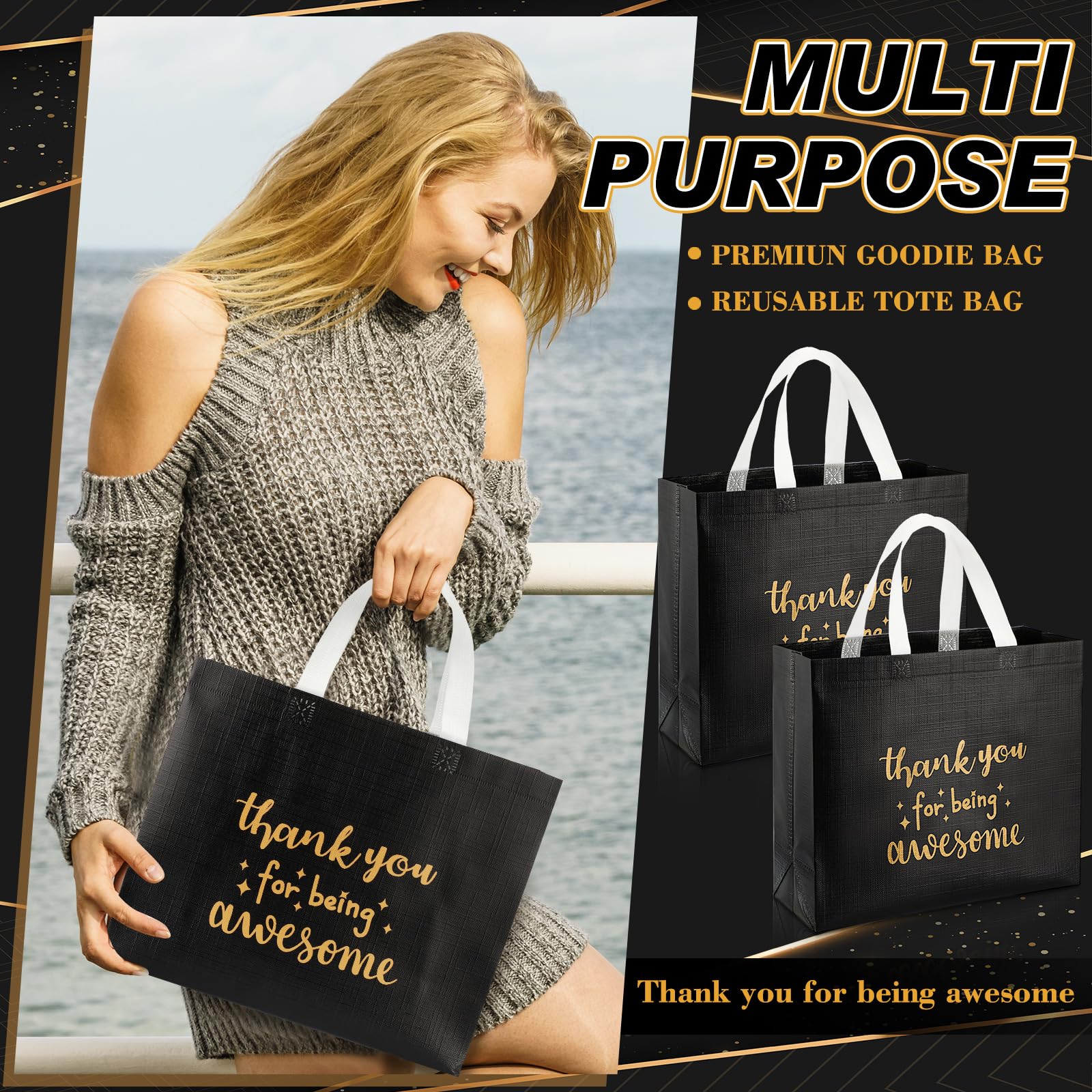 Abbylike 24 Sacchetti Regalo Ringraziamento Oro Con Manici – 30x28x11 Cm, In TNT, Scritta Thank You For Being Awesome