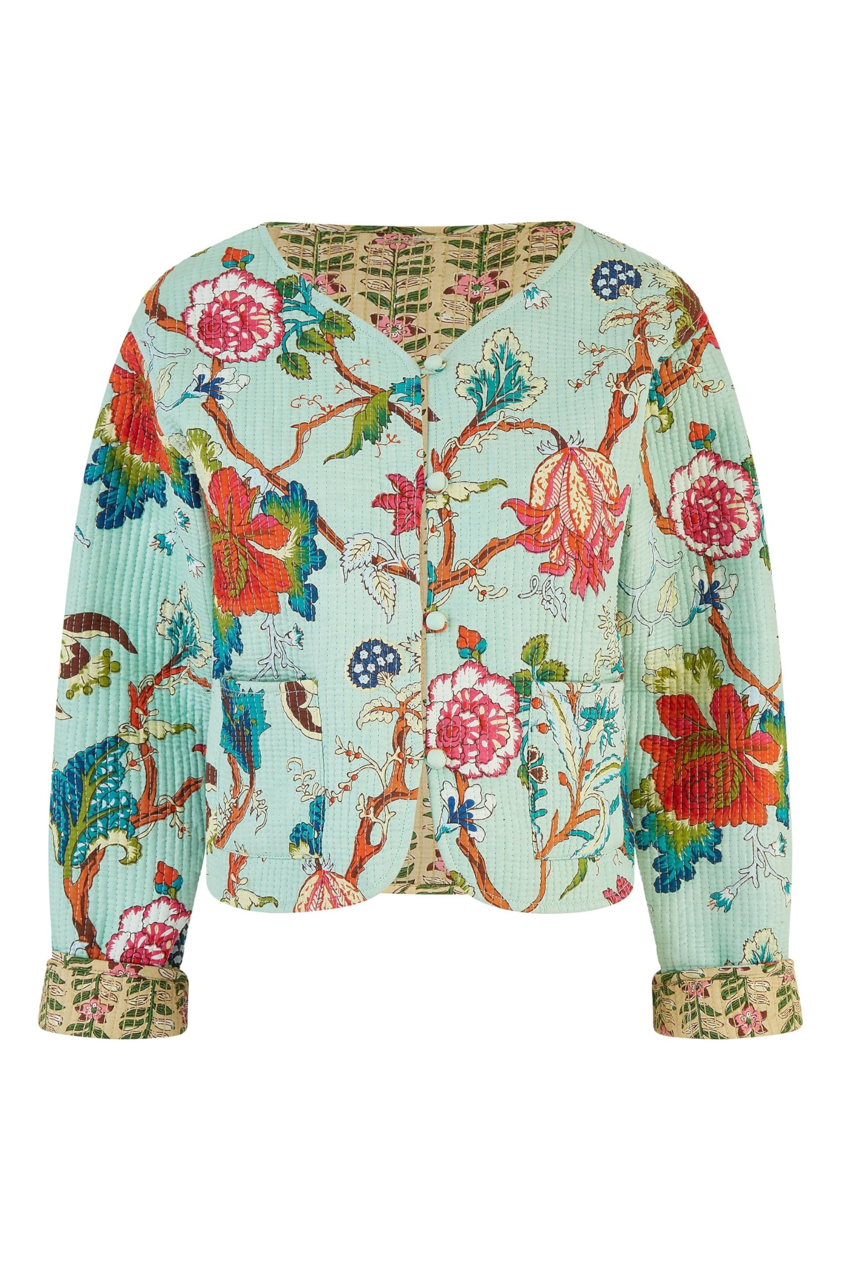 Yumi Blue Floral Print Reversible Cotton Cropped Quilted Jacket 10 Cream